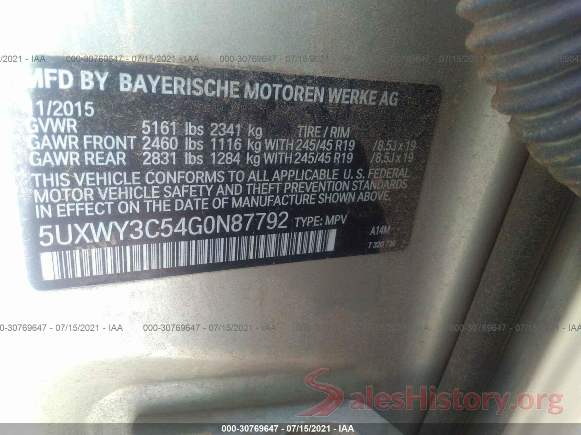 5UXWY3C54G0N87792 2016 BMW X3