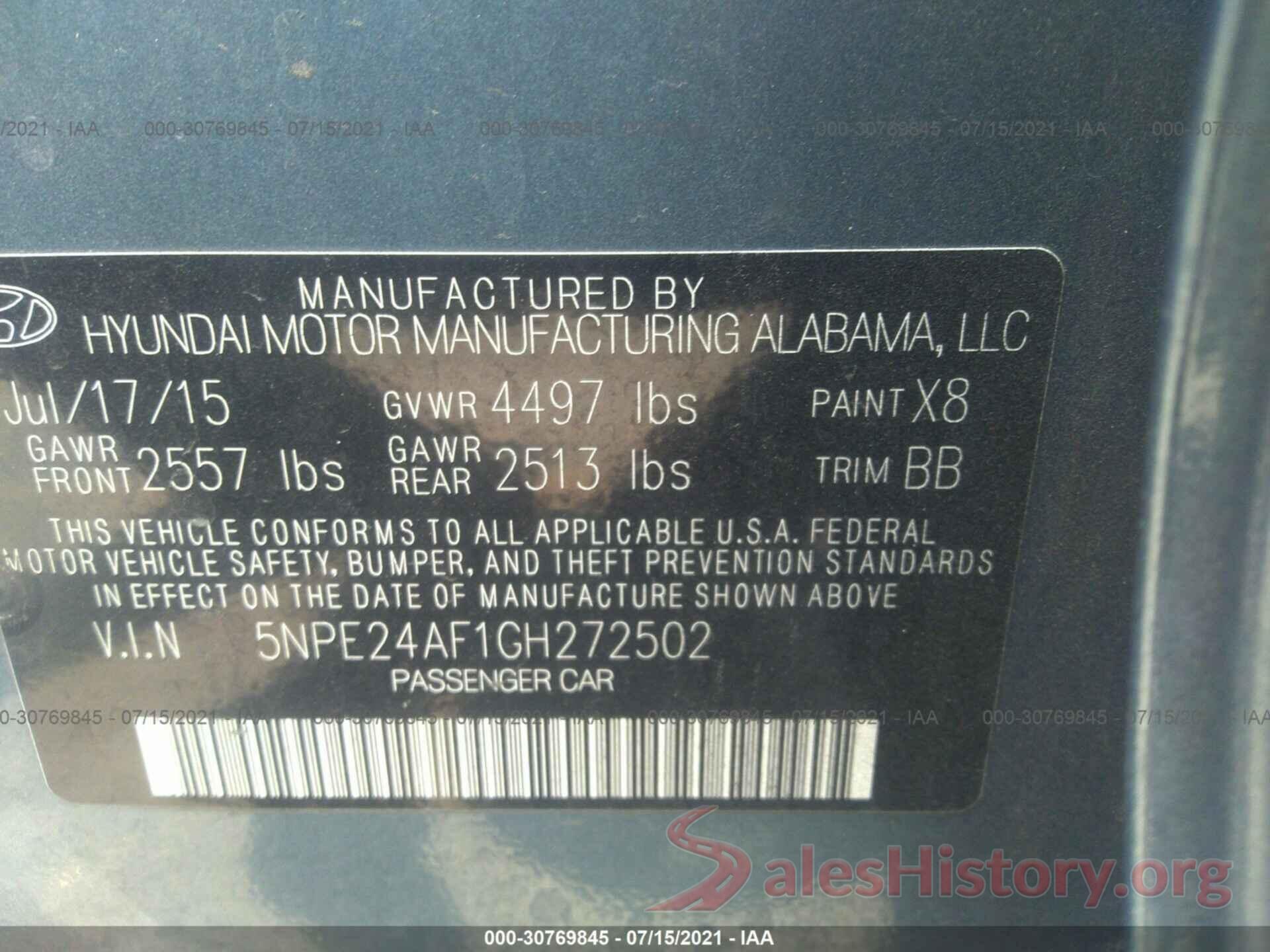 5NPE24AF1GH272502 2016 HYUNDAI SONATA