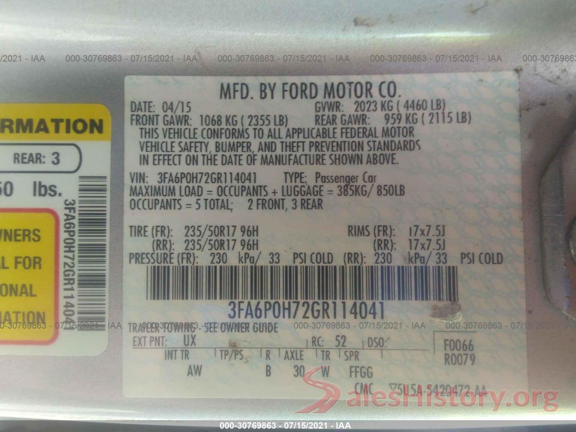 3FA6P0H72GR114041 2016 FORD FUSION