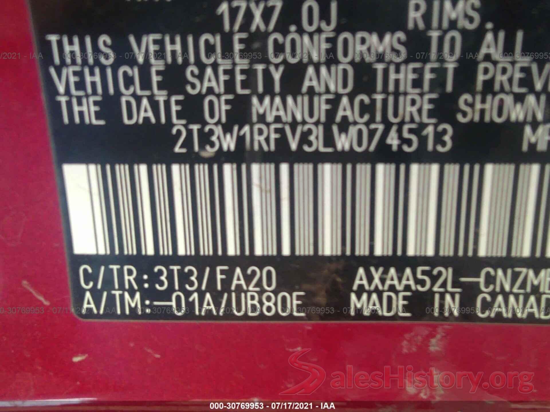 2T3W1RFV3LW074513 2020 TOYOTA RAV4