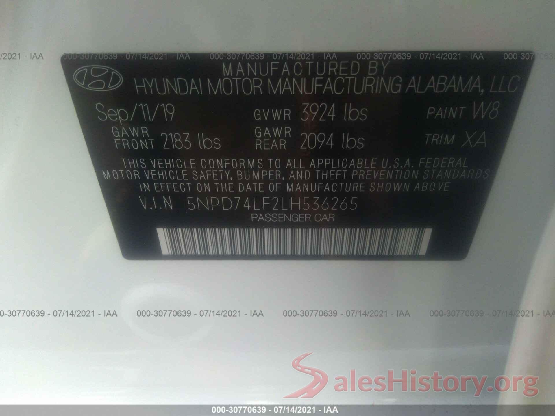 5NPD74LF2LH536265 2020 HYUNDAI ELANTRA