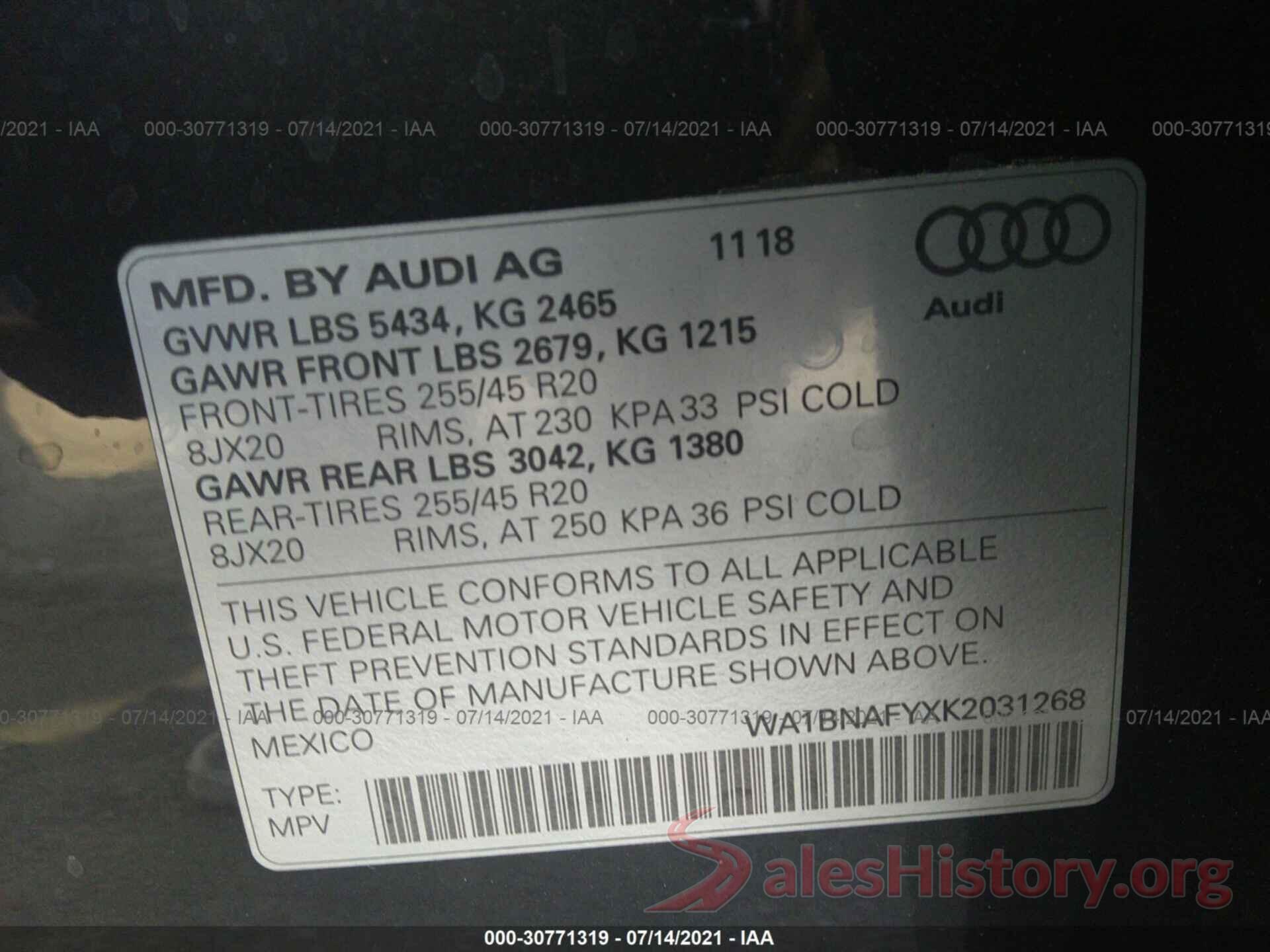 WA1BNAFYXK2031268 2019 AUDI Q5