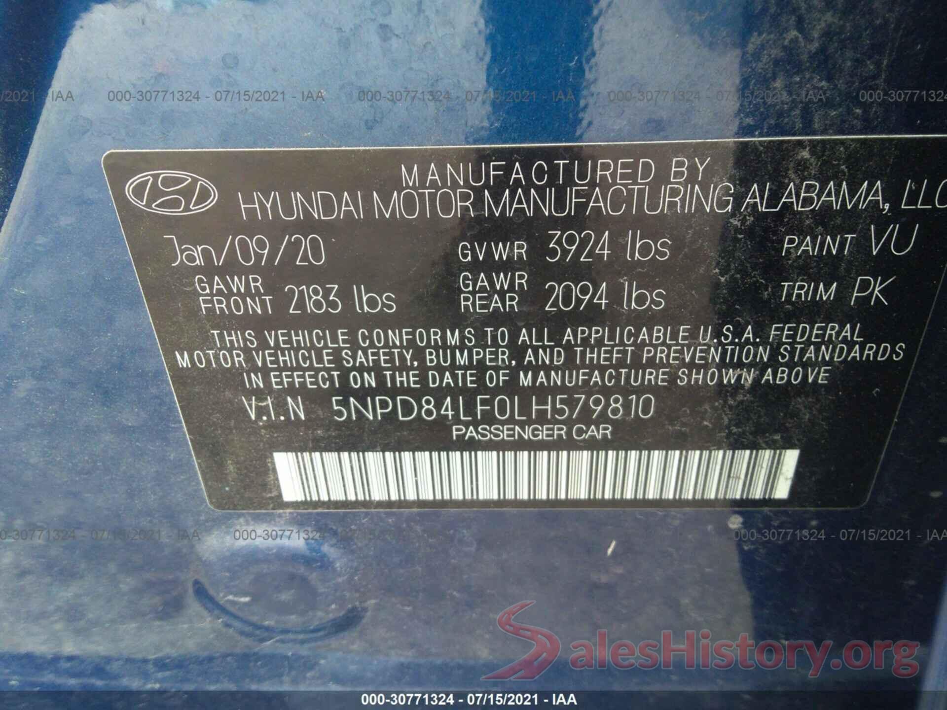 5NPD84LF0LH579810 2020 HYUNDAI ELANTRA