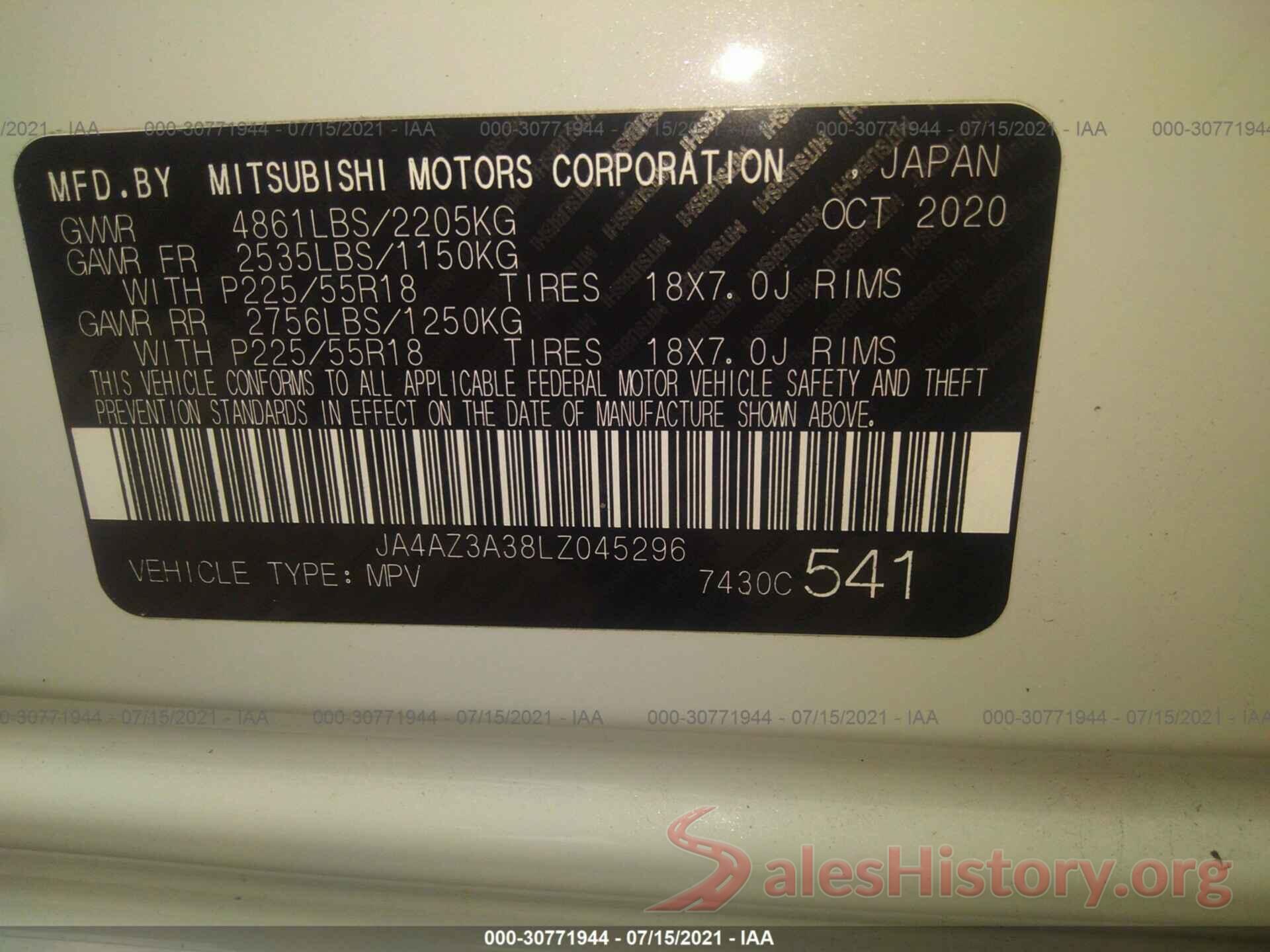 JA4AZ3A38LZ045296 2020 MITSUBISHI OUTLANDER