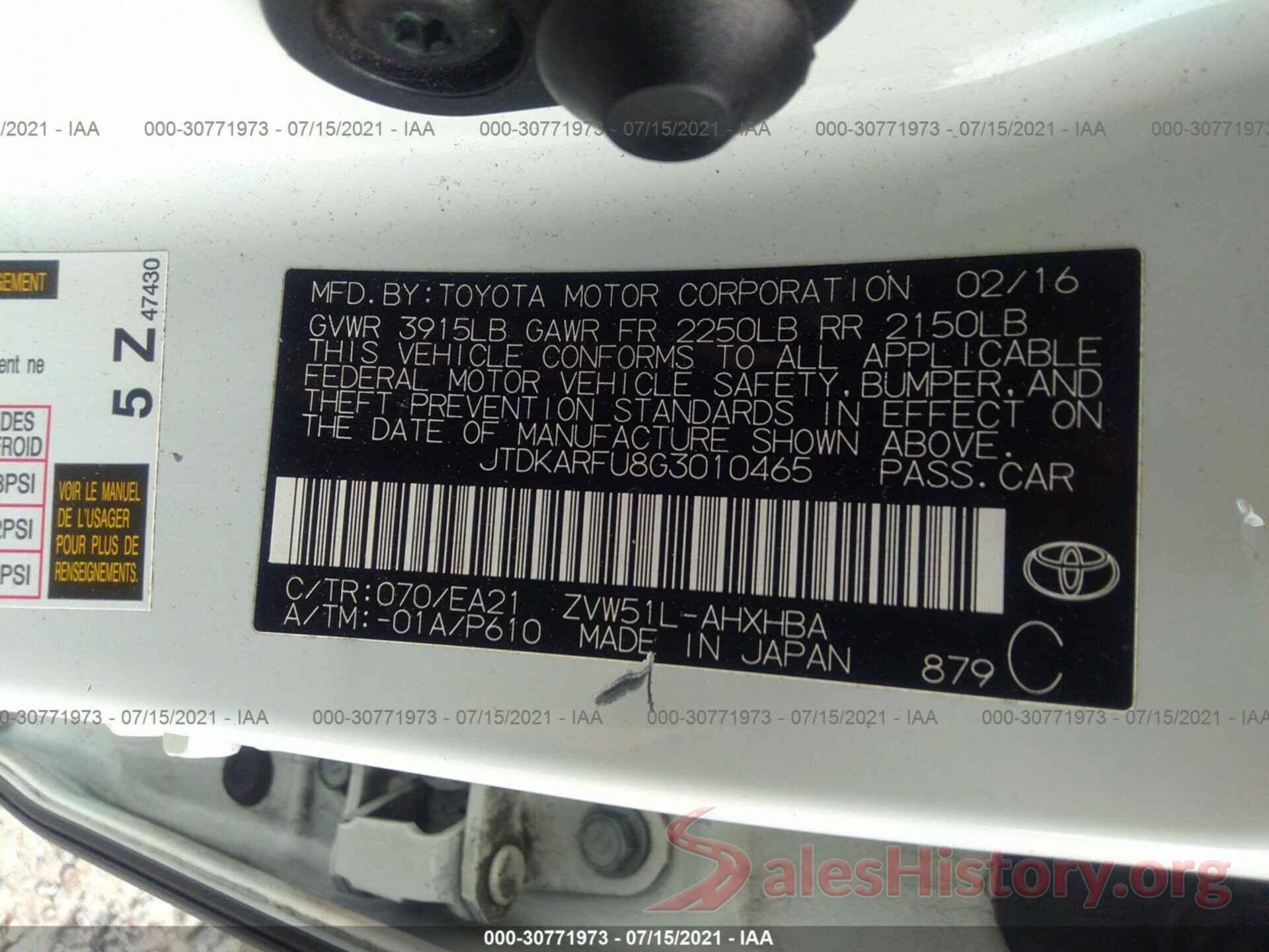 JTDKARFU8G3010465 2016 TOYOTA PRIUS