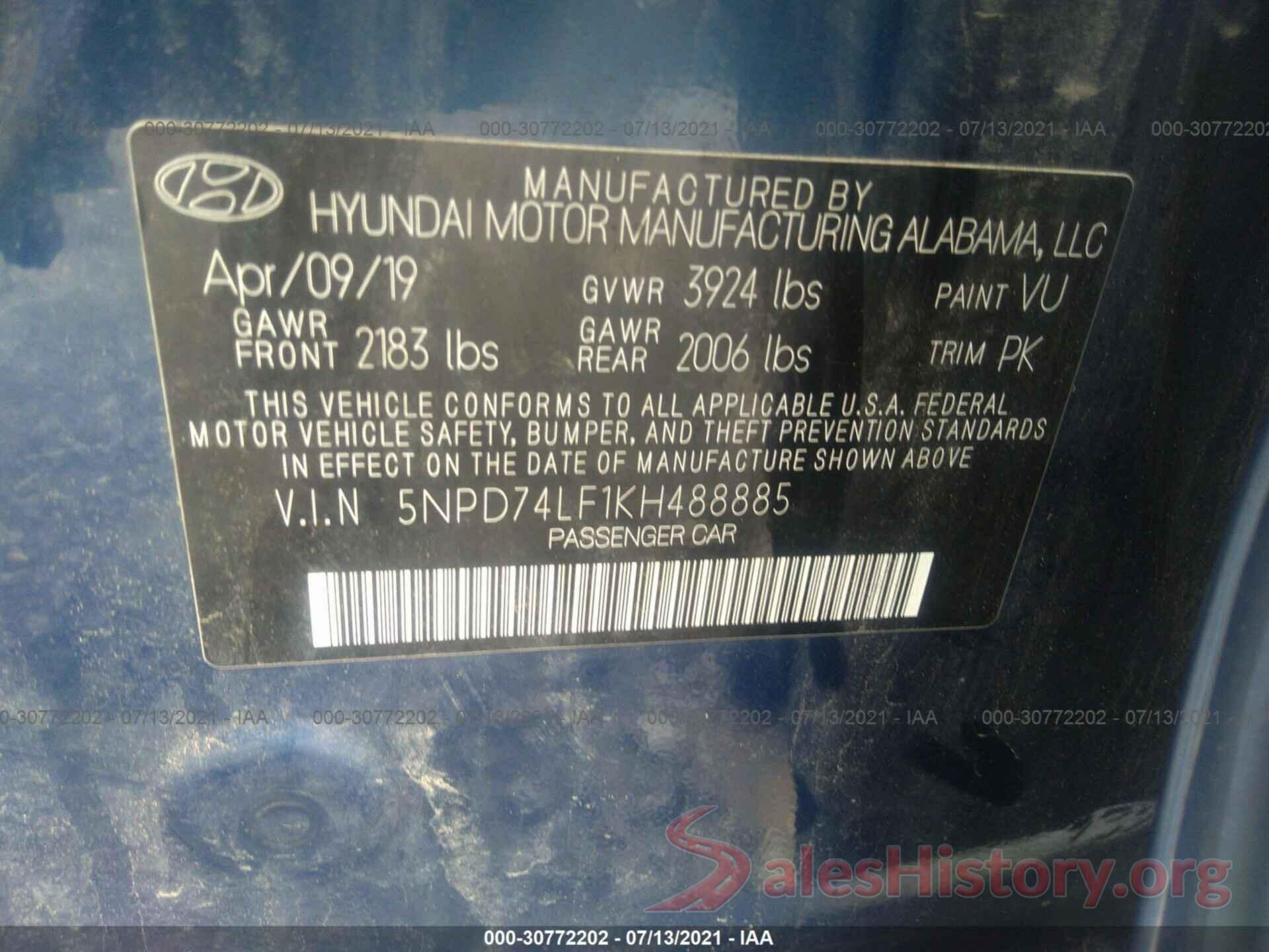 5NPD74LF1KH488885 2019 HYUNDAI ELANTRA