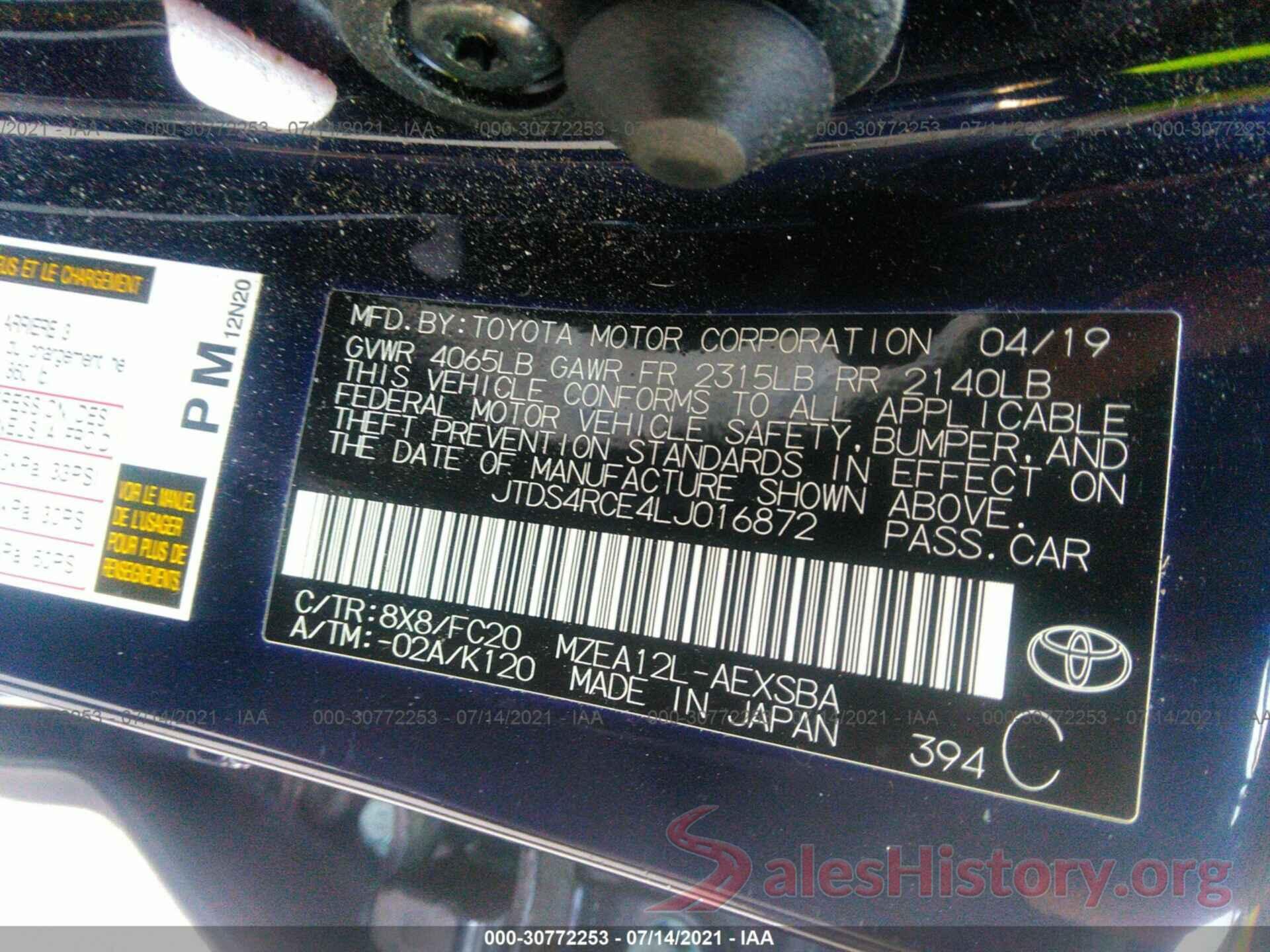 JTDS4RCE4LJ016872 2020 TOYOTA COROLLA