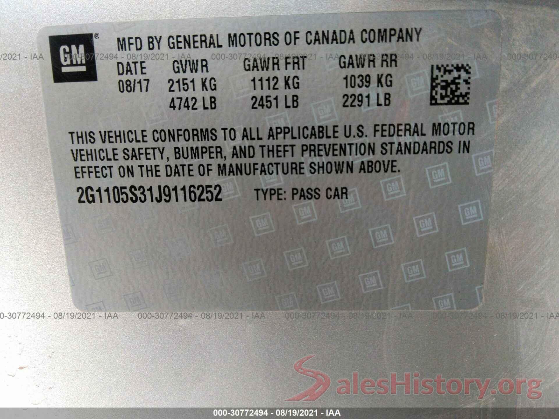 2G1105S31J9116252 2018 CHEVROLET IMPALA