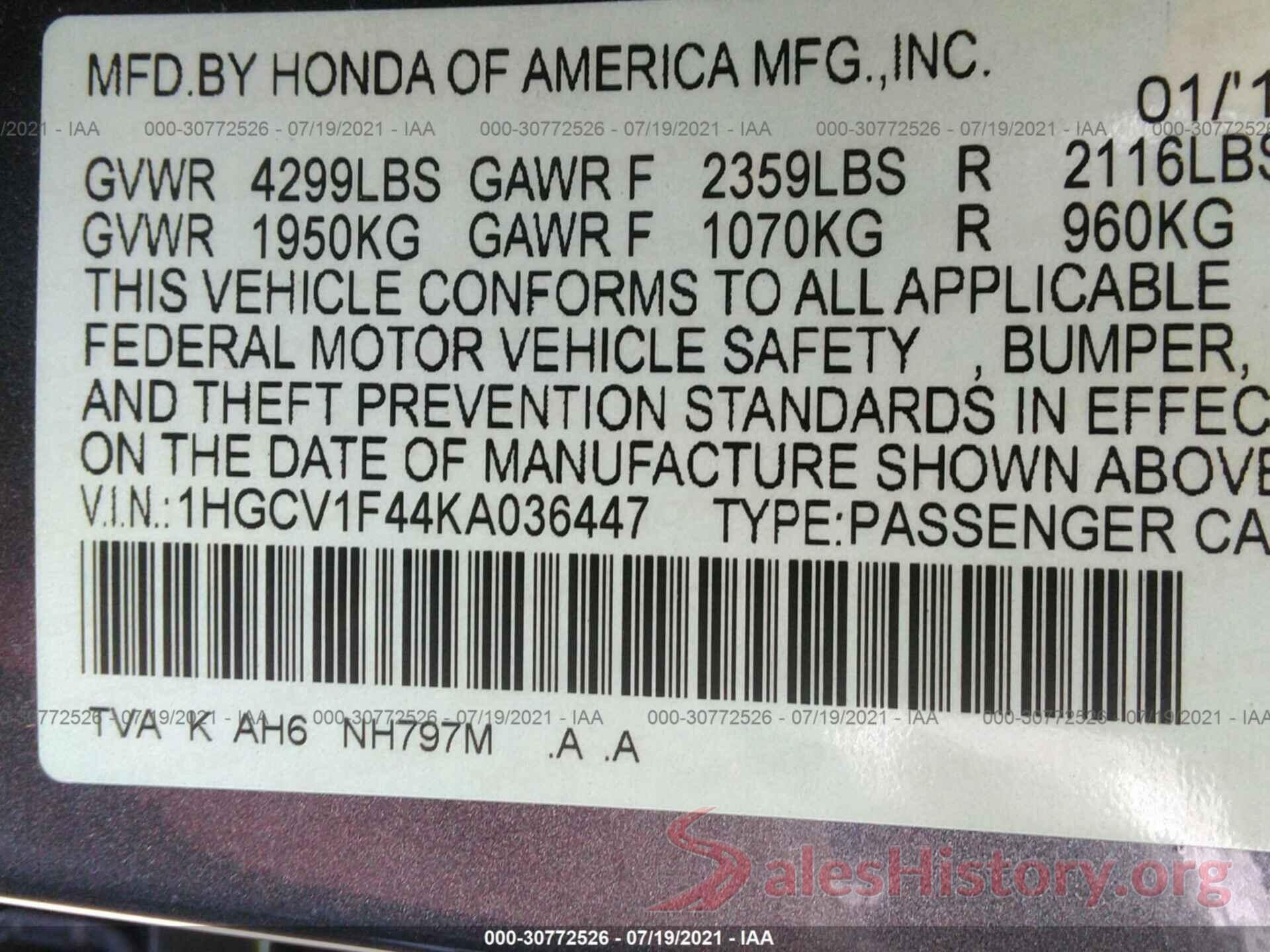 1HGCV1F44KA036447 2019 HONDA ACCORD SEDAN