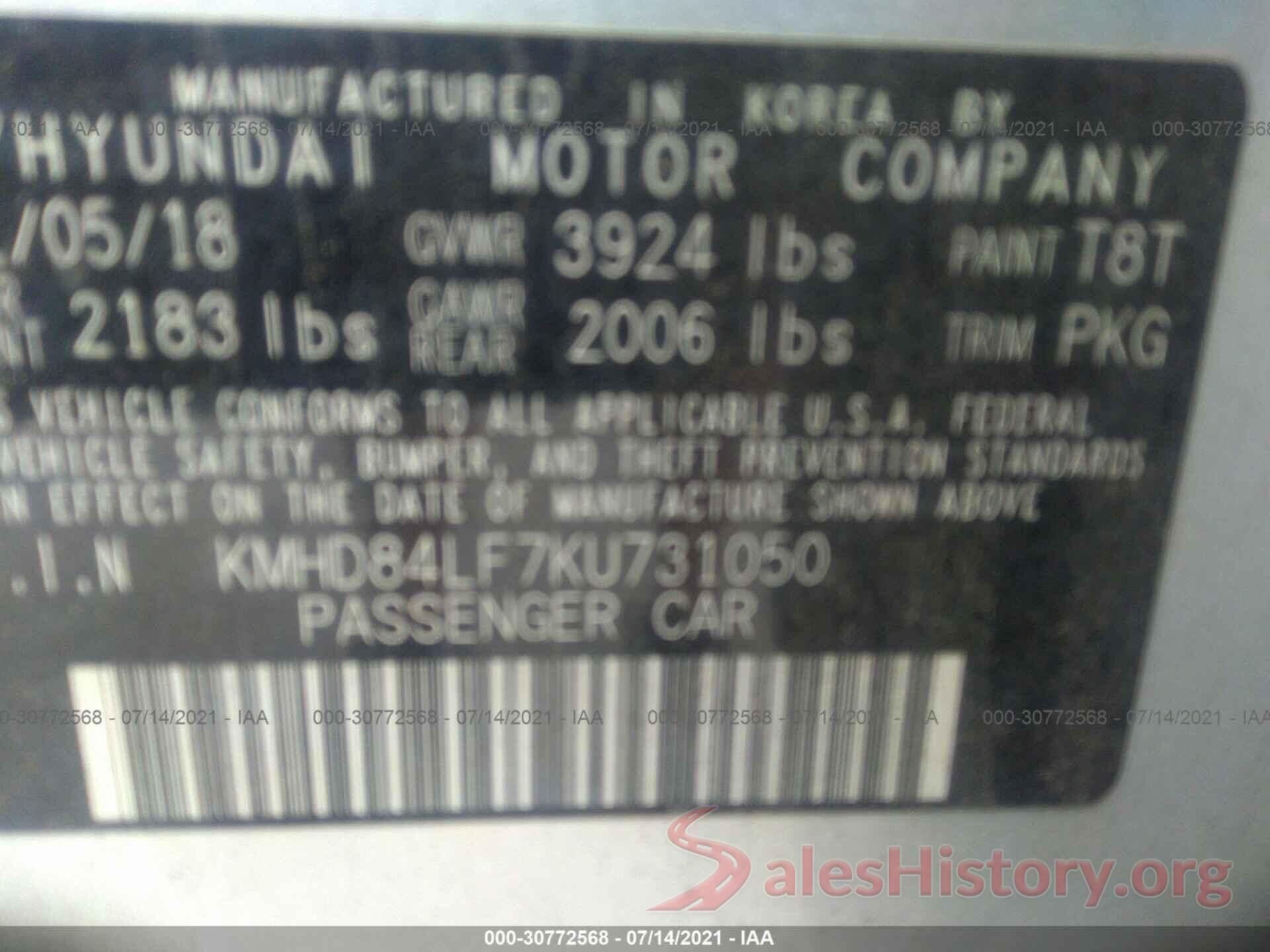 KMHD84LF7KU731050 2019 HYUNDAI ELANTRA