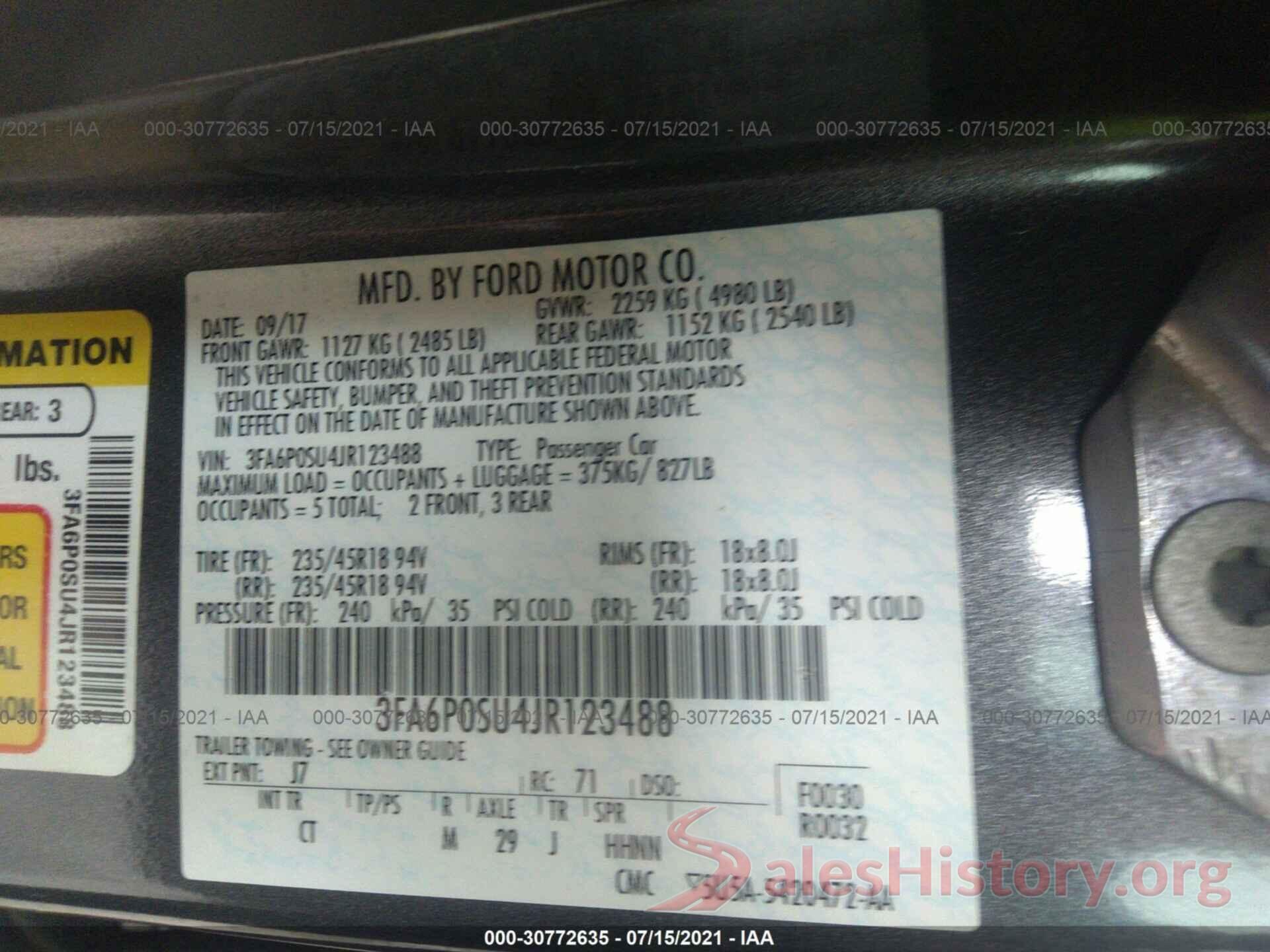 3FA6P0SU4JR123488 2018 FORD FUSION ENERGI