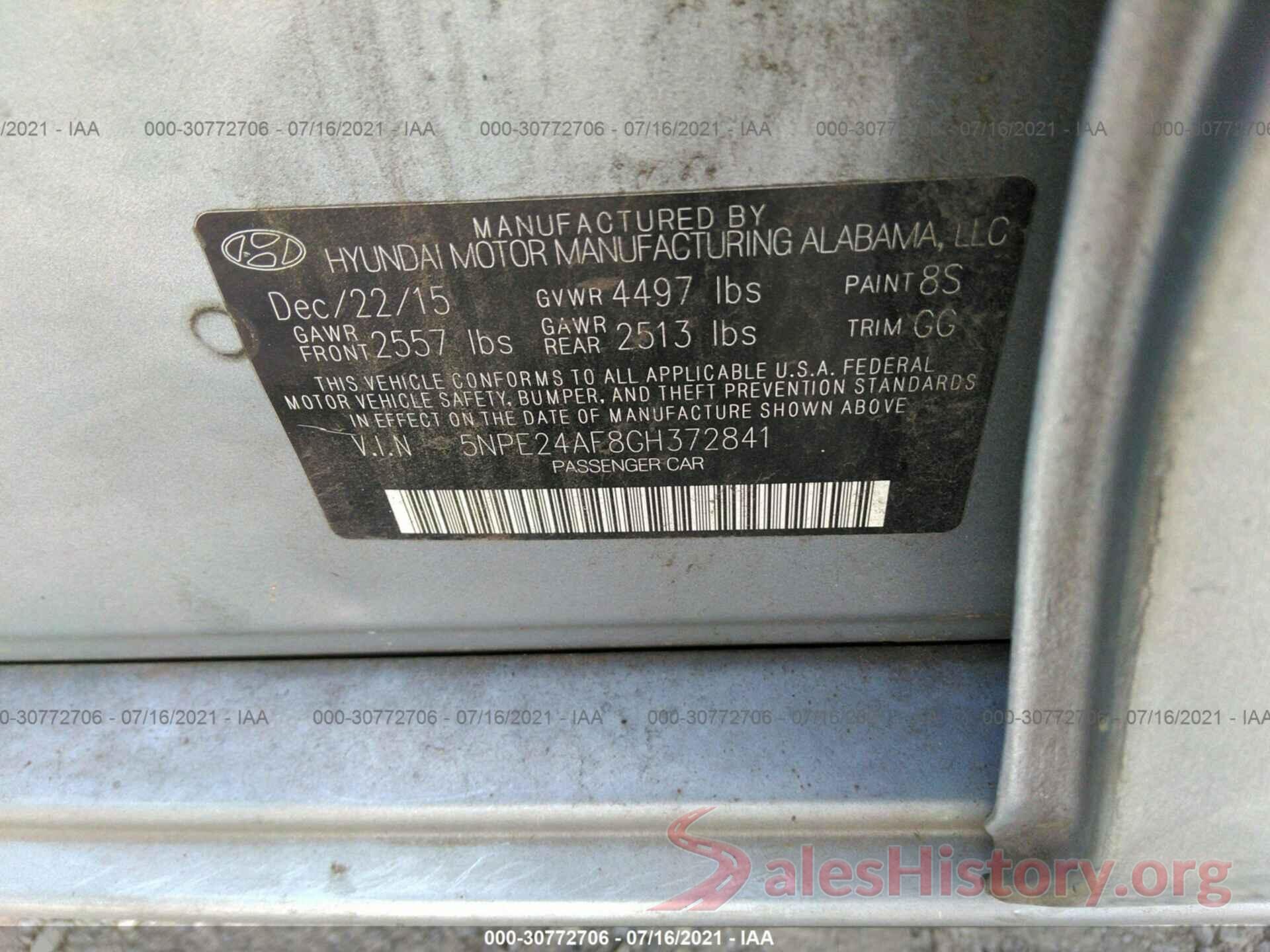 5NPE24AF8GH372841 2016 HYUNDAI SONATA