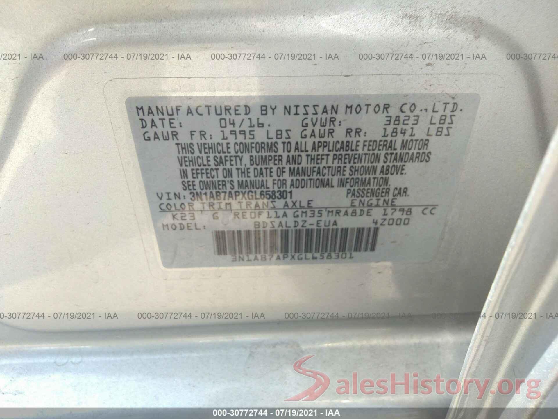 3N1AB7APXGL658301 2016 NISSAN SENTRA