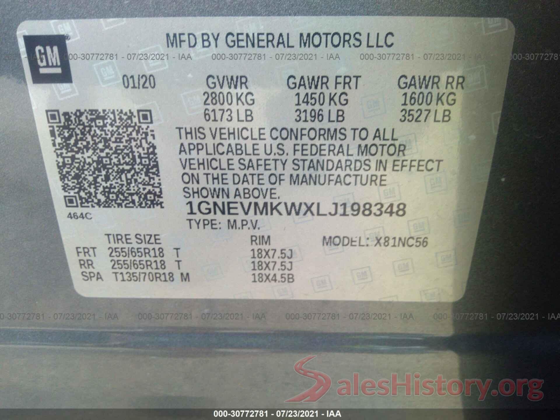 1GNEVMKWXLJ198348 2020 CHEVROLET TRAVERSE