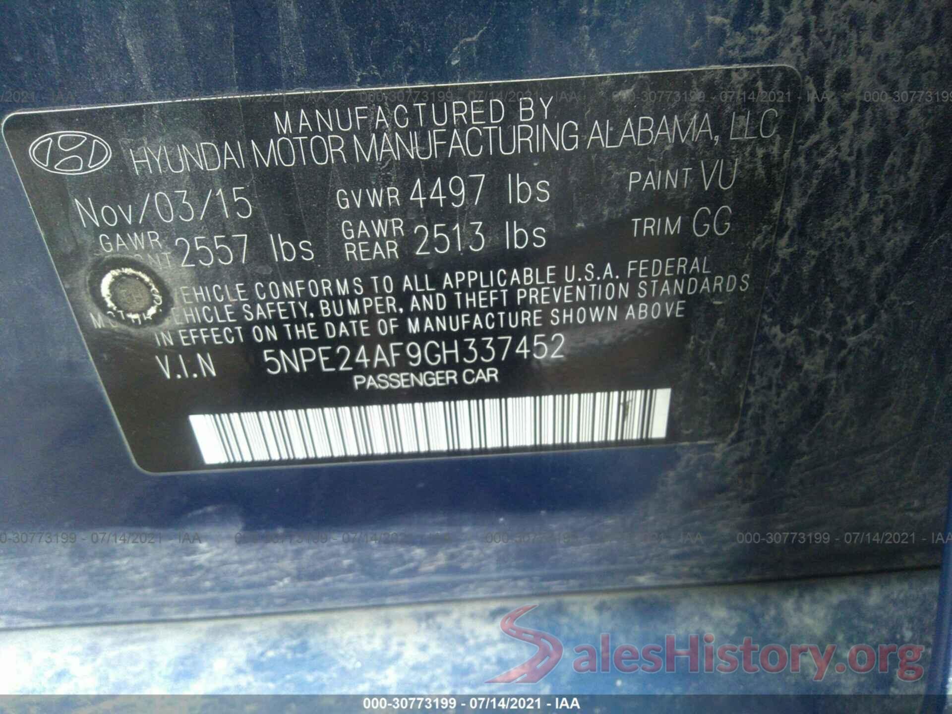 5NPE24AF9GH337452 2016 HYUNDAI SONATA