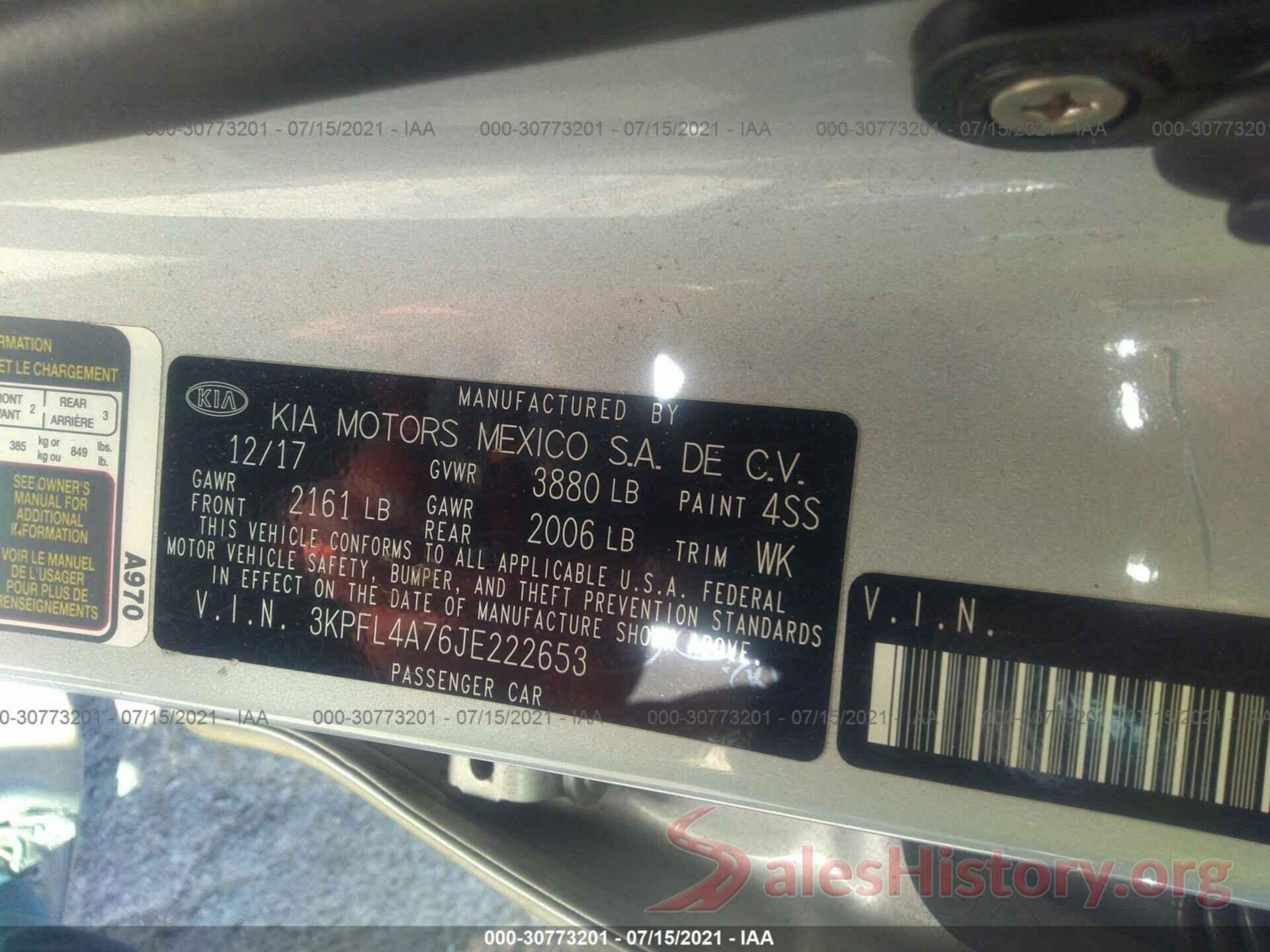 3KPFL4A76JE222653 2018 KIA FORTE