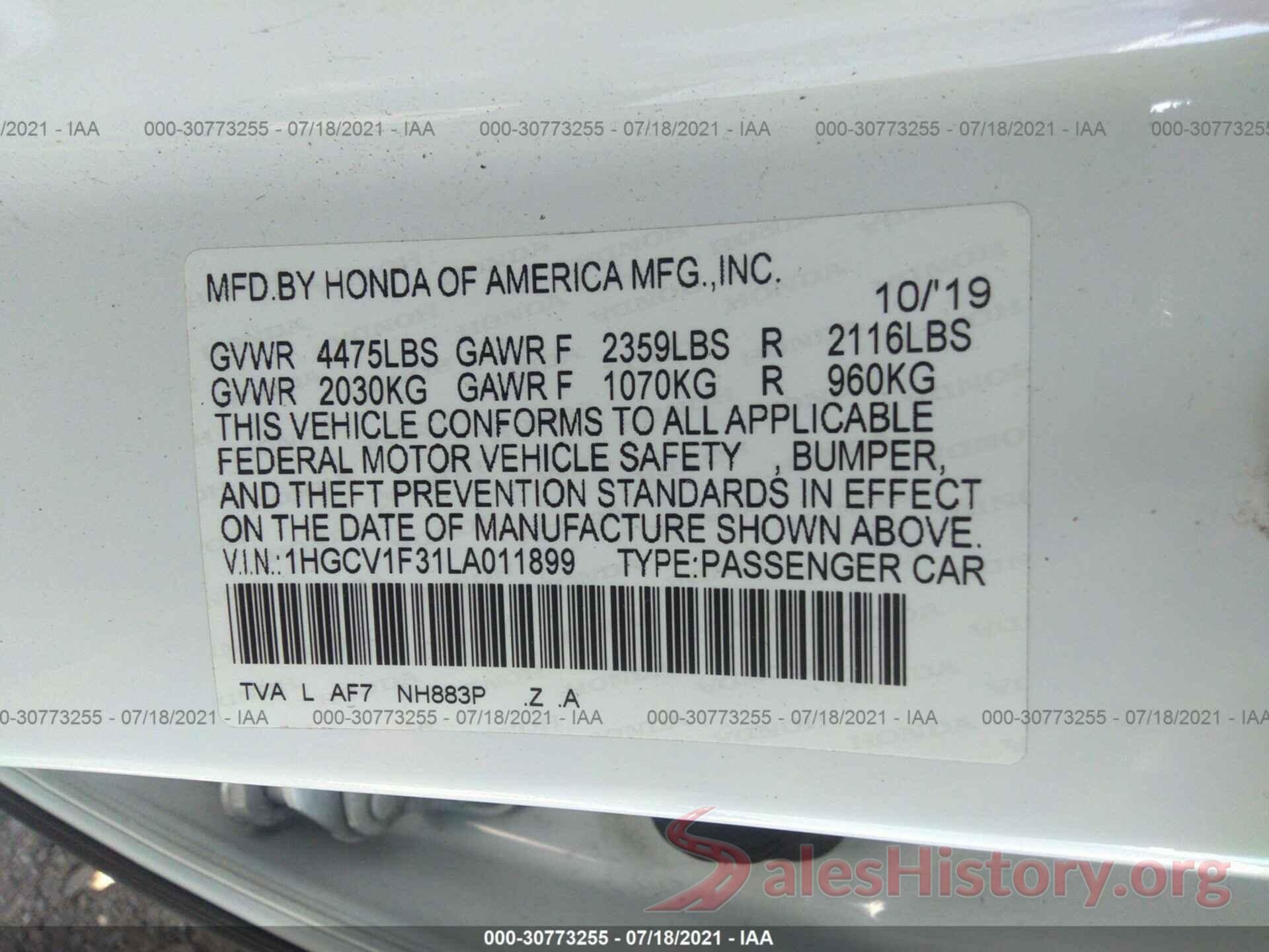 1HGCV1F31LA011899 2020 HONDA ACCORD SEDAN