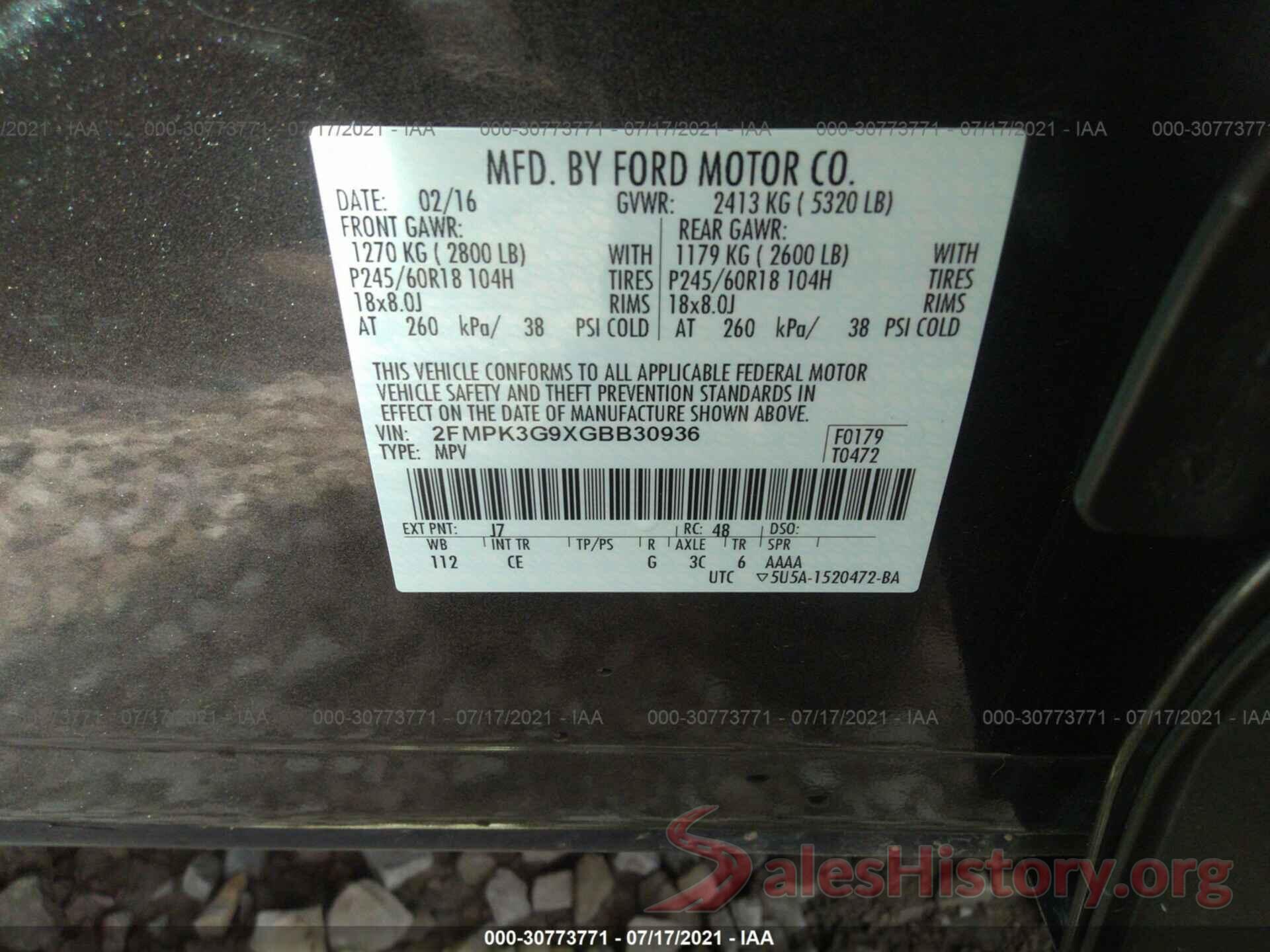 2FMPK3G9XGBB30936 2016 FORD EDGE