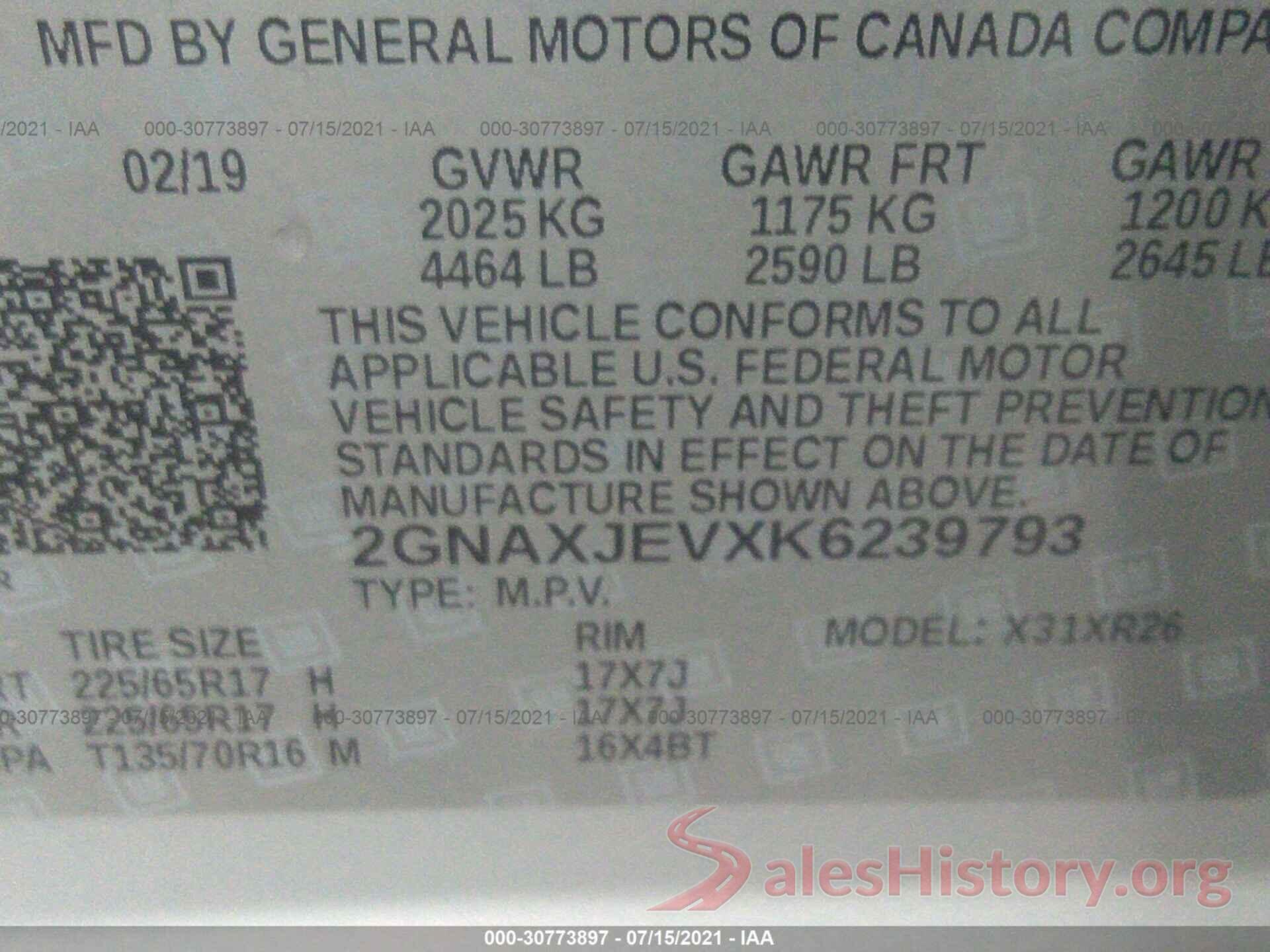 2GNAXJEVXK6239793 2019 CHEVROLET EQUINOX