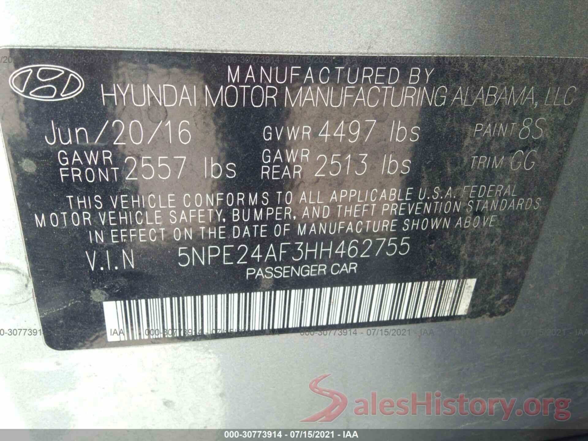 5NPE24AF3HH462755 2017 HYUNDAI SONATA