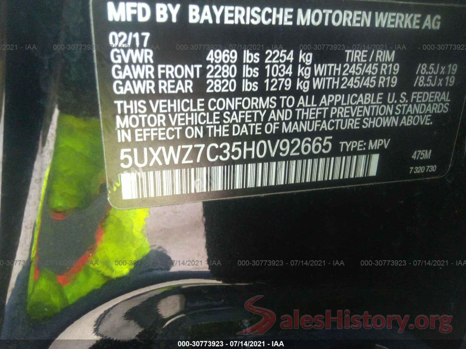 5UXWZ7C35H0V92665 2017 BMW X3