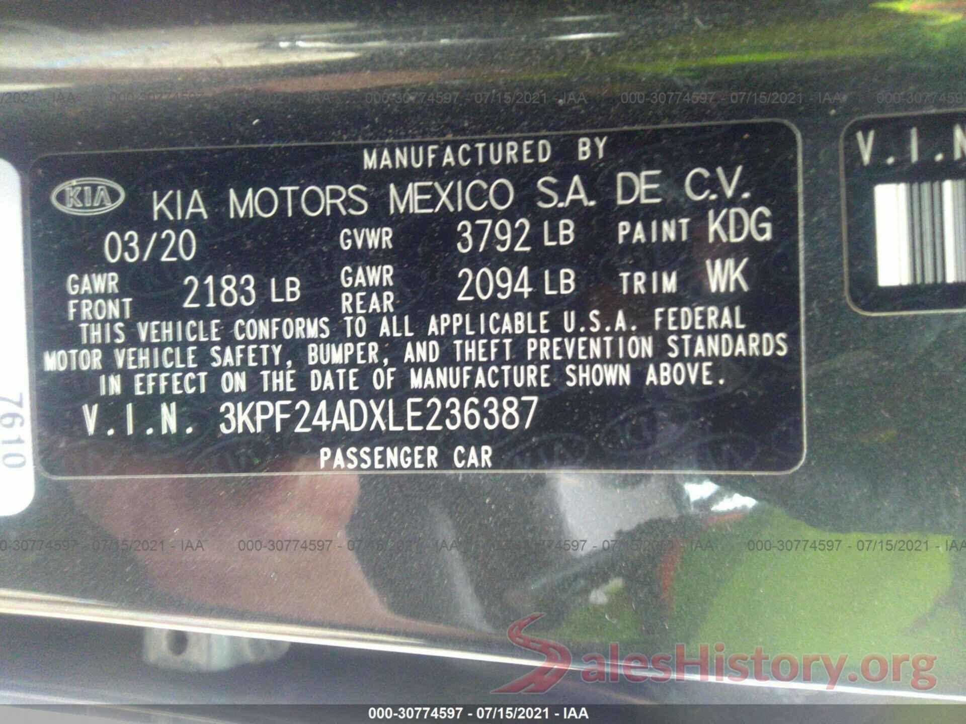 3KPF24ADXLE236387 2020 KIA FORTE