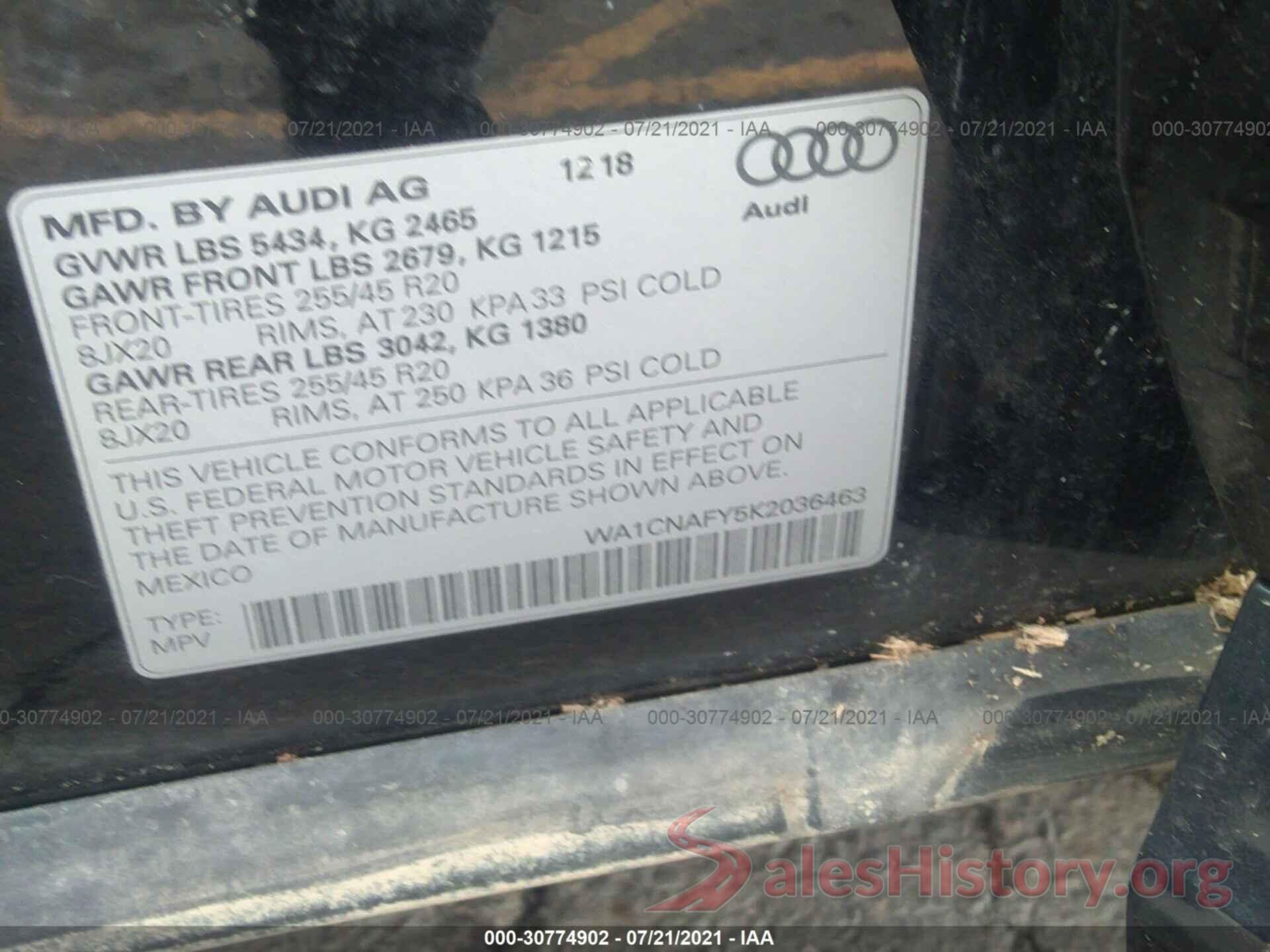 WA1CNAFY5K2036463 2019 AUDI Q5