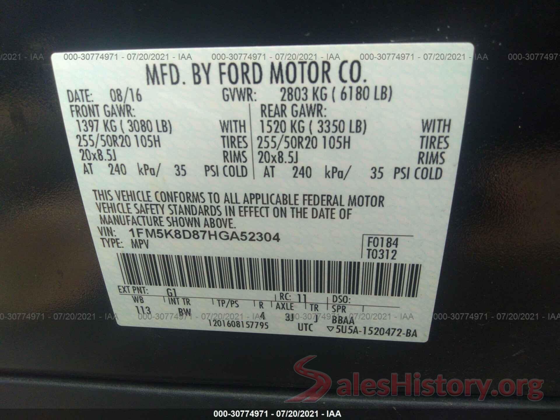 1FM5K8D87HGA52304 2017 FORD EXPLORER