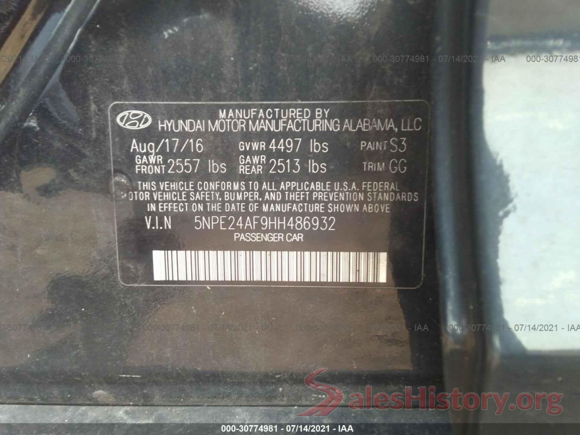 5NPE24AF9HH486932 2017 HYUNDAI SONATA