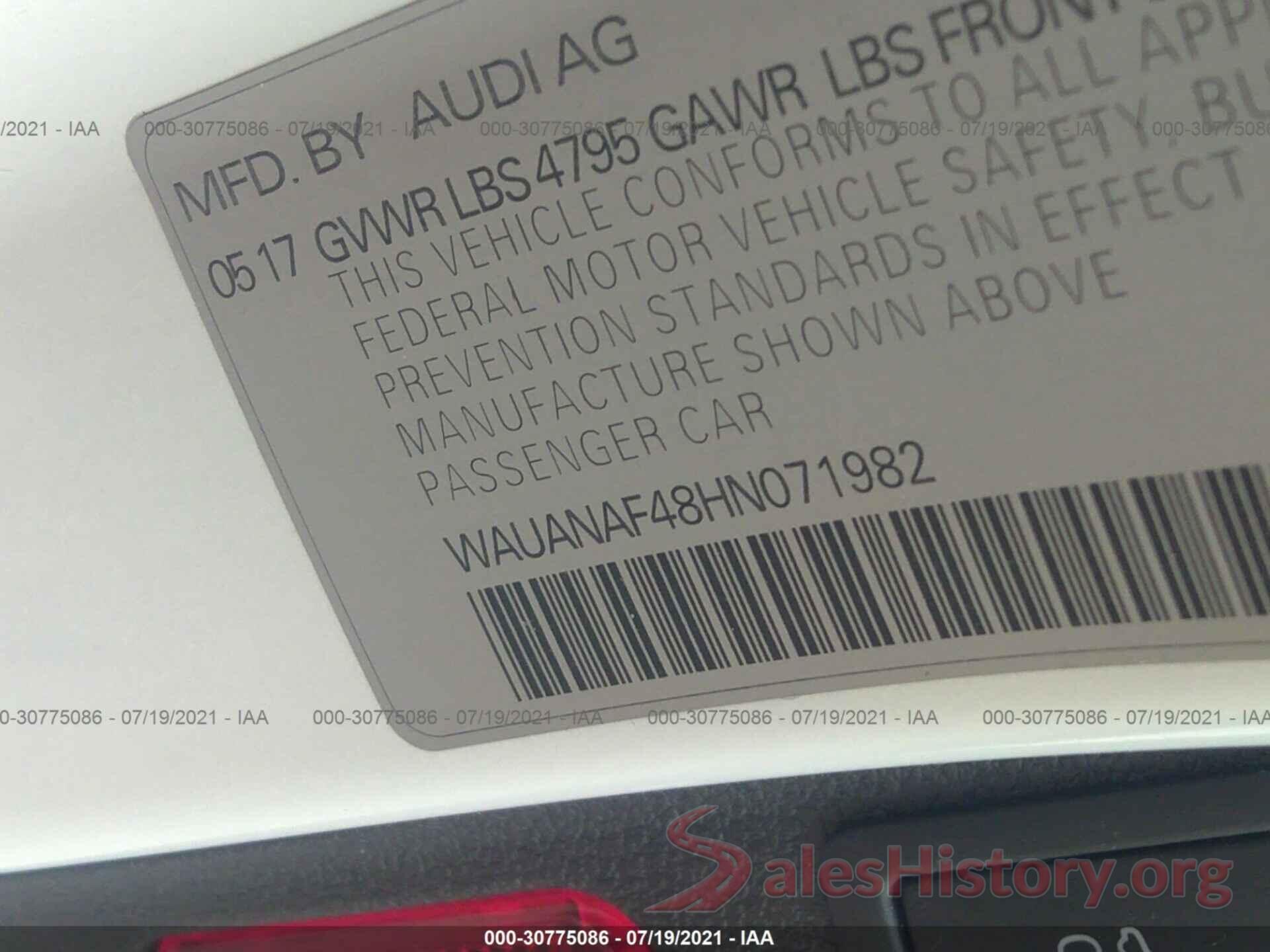 WAUANAF48HN071982 2017 AUDI A4