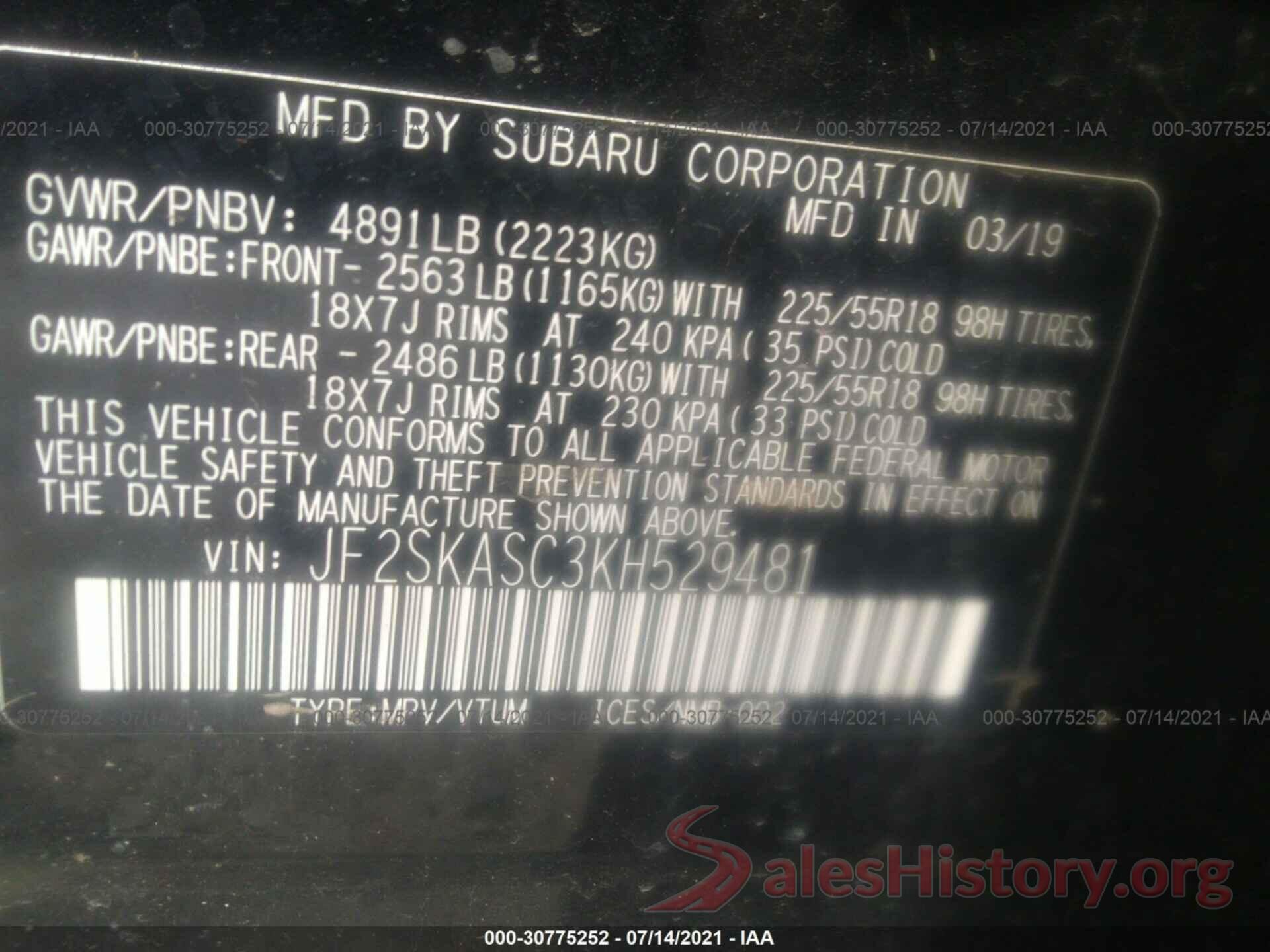 JF2SKASC3KH529481 2019 SUBARU FORESTER