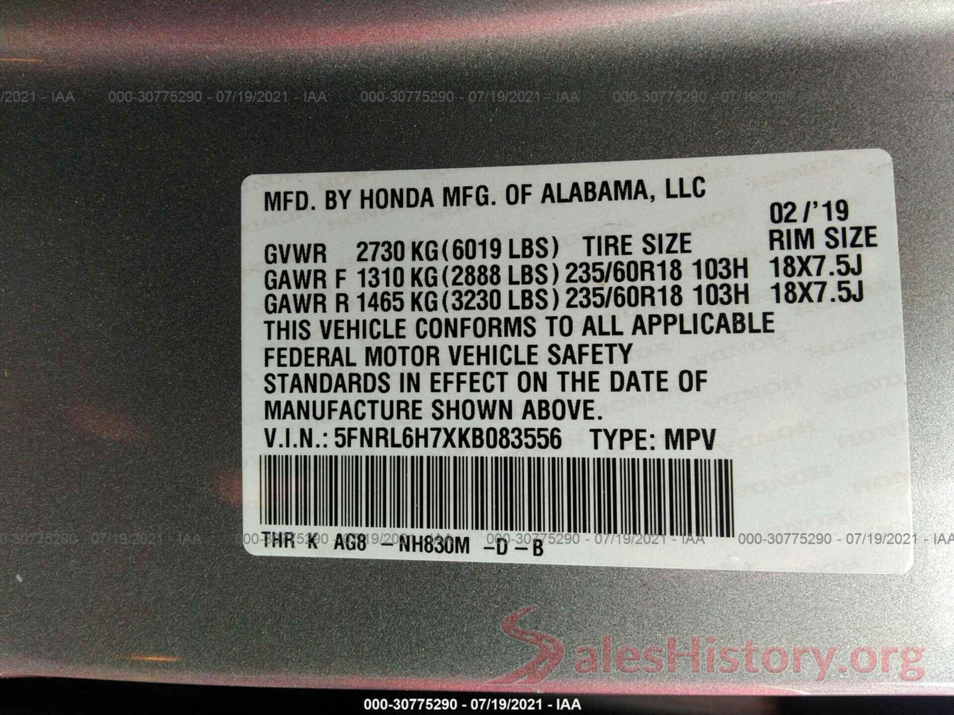 5FNRL6H7XKB083556 2019 HONDA ODYSSEY