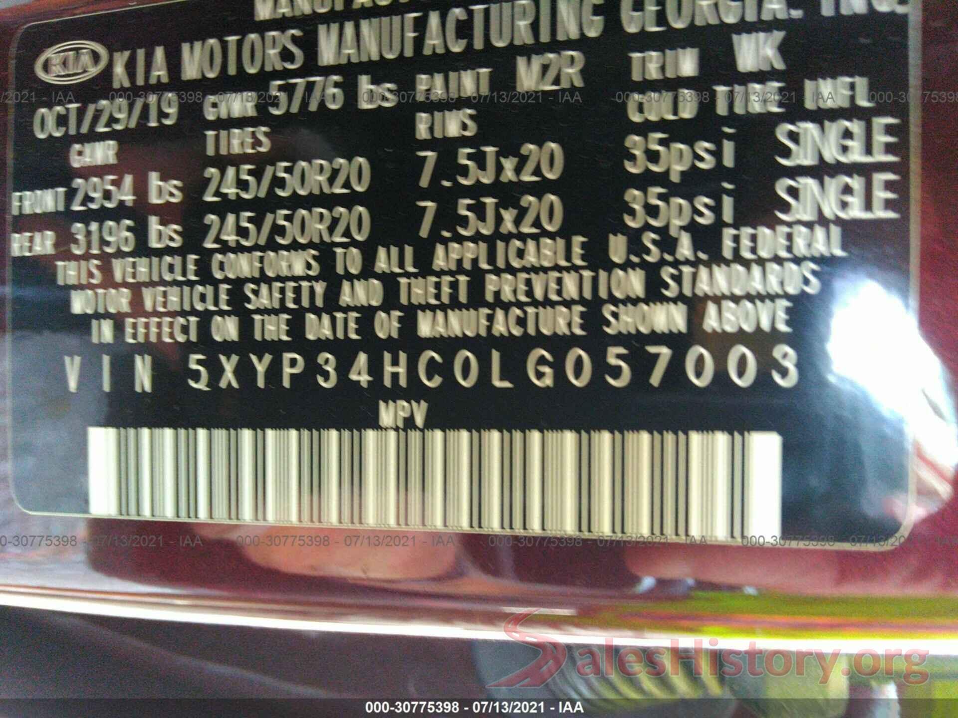 5XYP34HC0LG057003 2020 KIA TELLURIDE