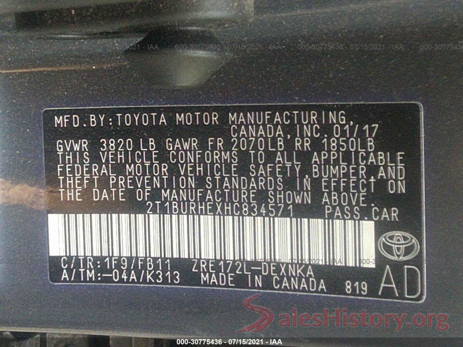 2T1BURHEXHC834571 2017 TOYOTA COROLLA