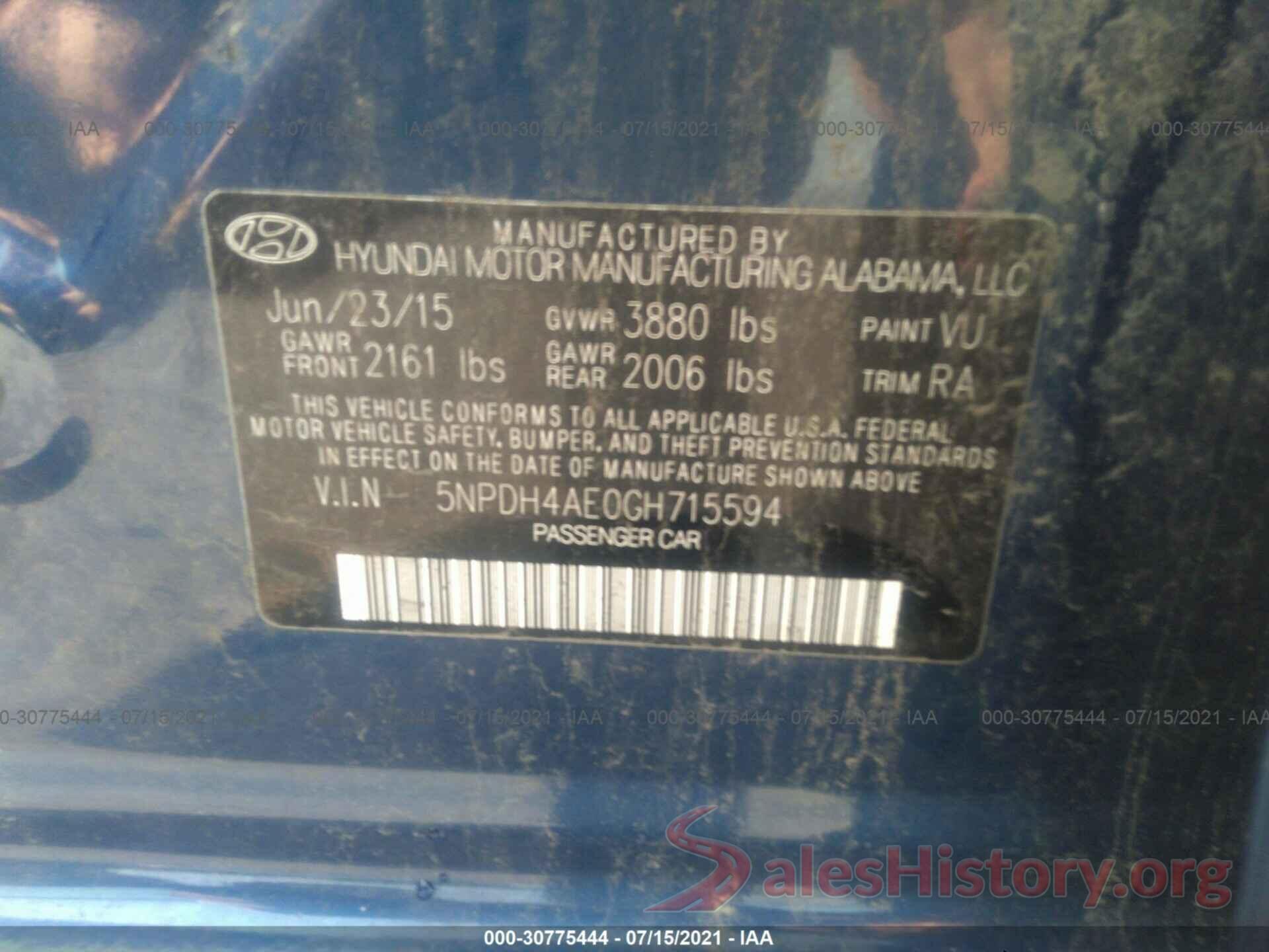 5NPDH4AE0GH715594 2016 HYUNDAI ELANTRA