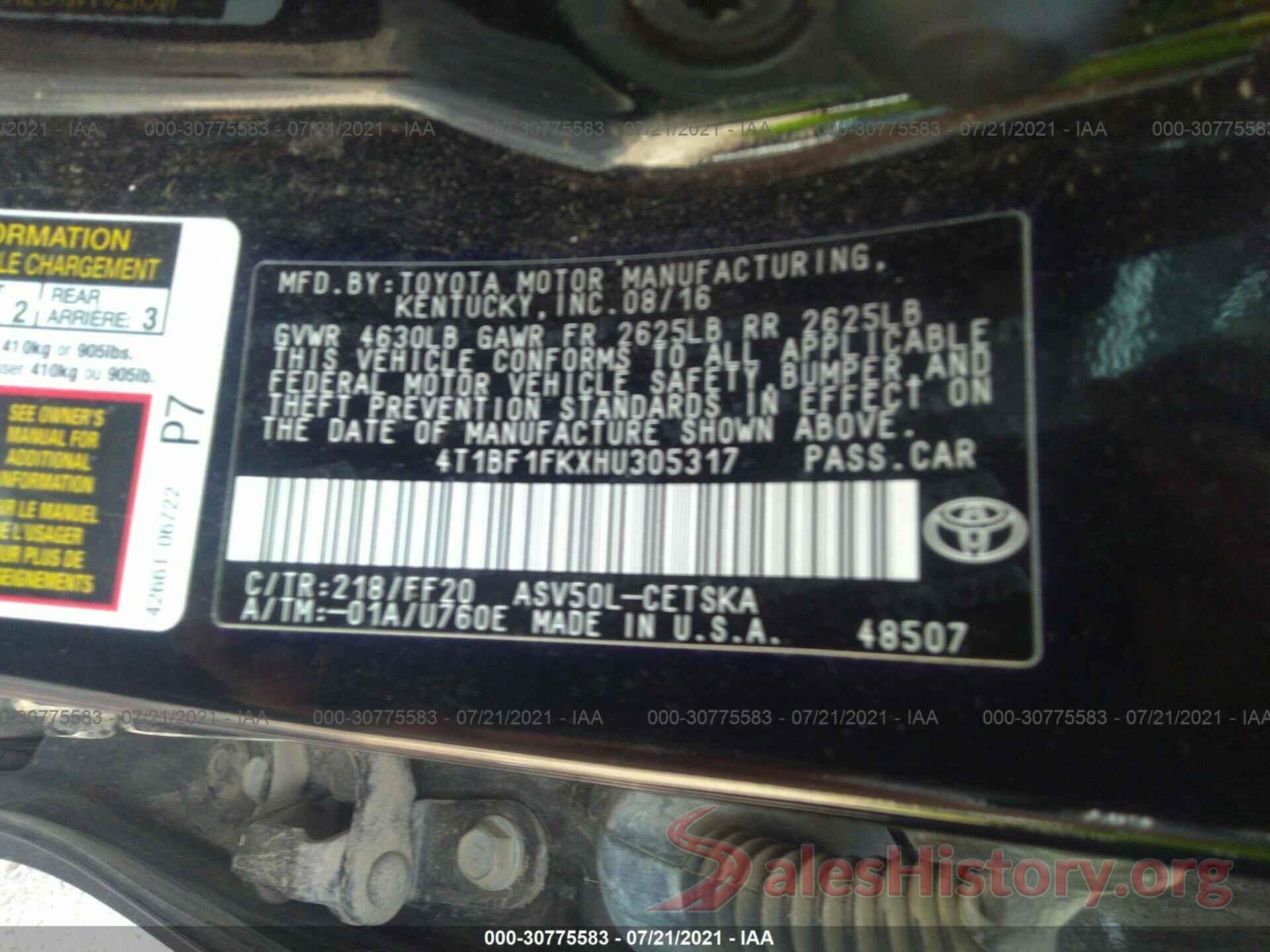 4T1BF1FKXHU305317 2017 TOYOTA CAMRY