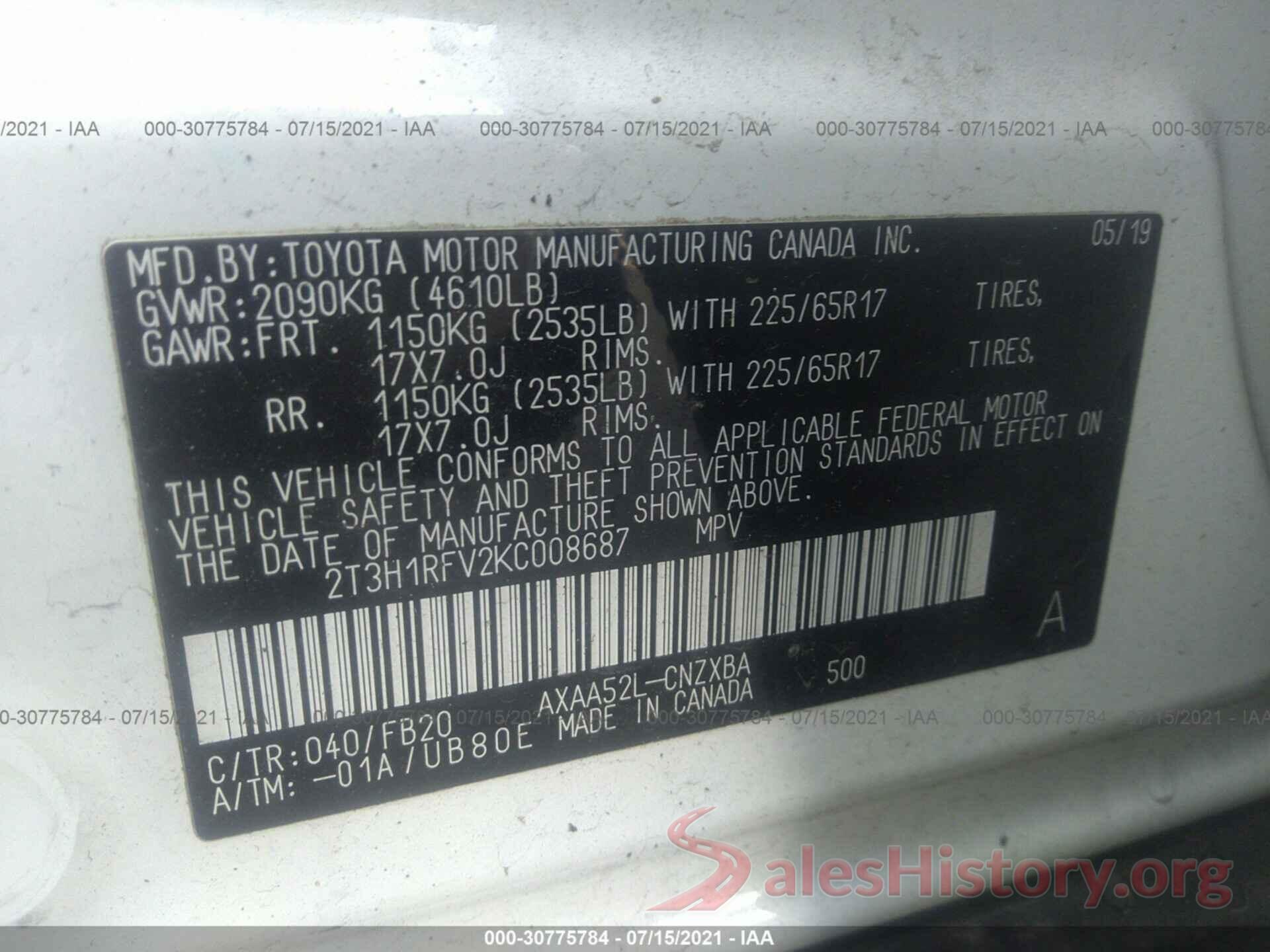 2T3H1RFV2KC008687 2019 TOYOTA RAV4