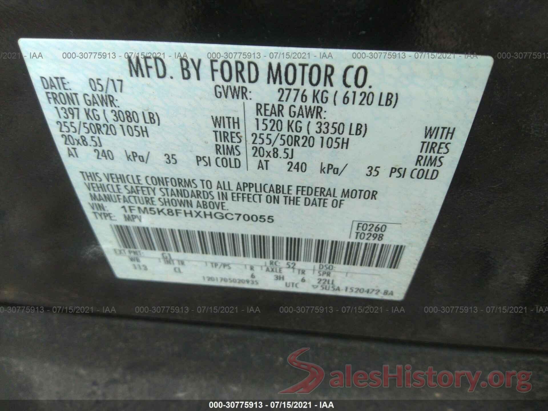 1FM5K8FHXHGC70055 2017 FORD EXPLORER