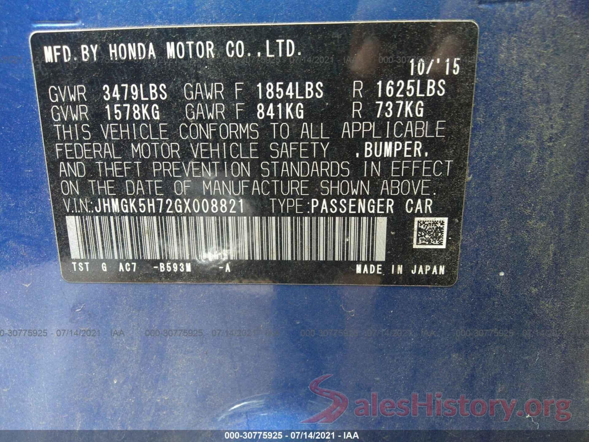 JHMGK5H72GX008821 2016 HONDA FIT