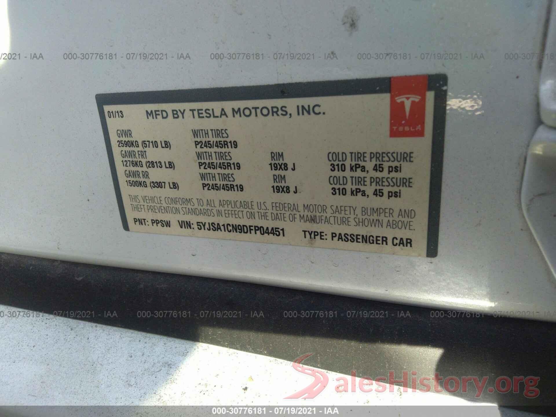 5YJSA1CN9DFP04451 2013 TESLA MODEL S