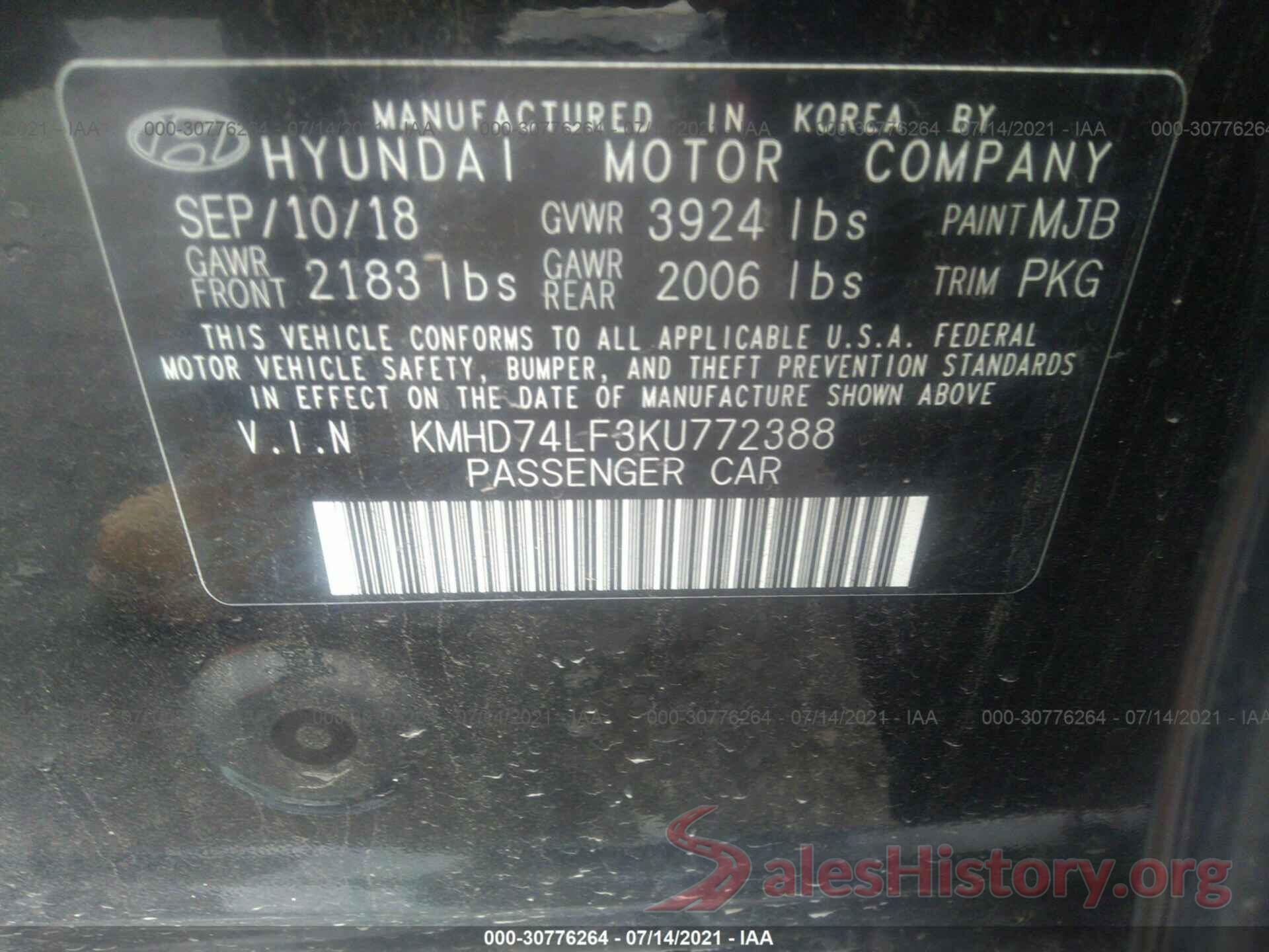 KMHD74LF3KU772388 2019 HYUNDAI ELANTRA