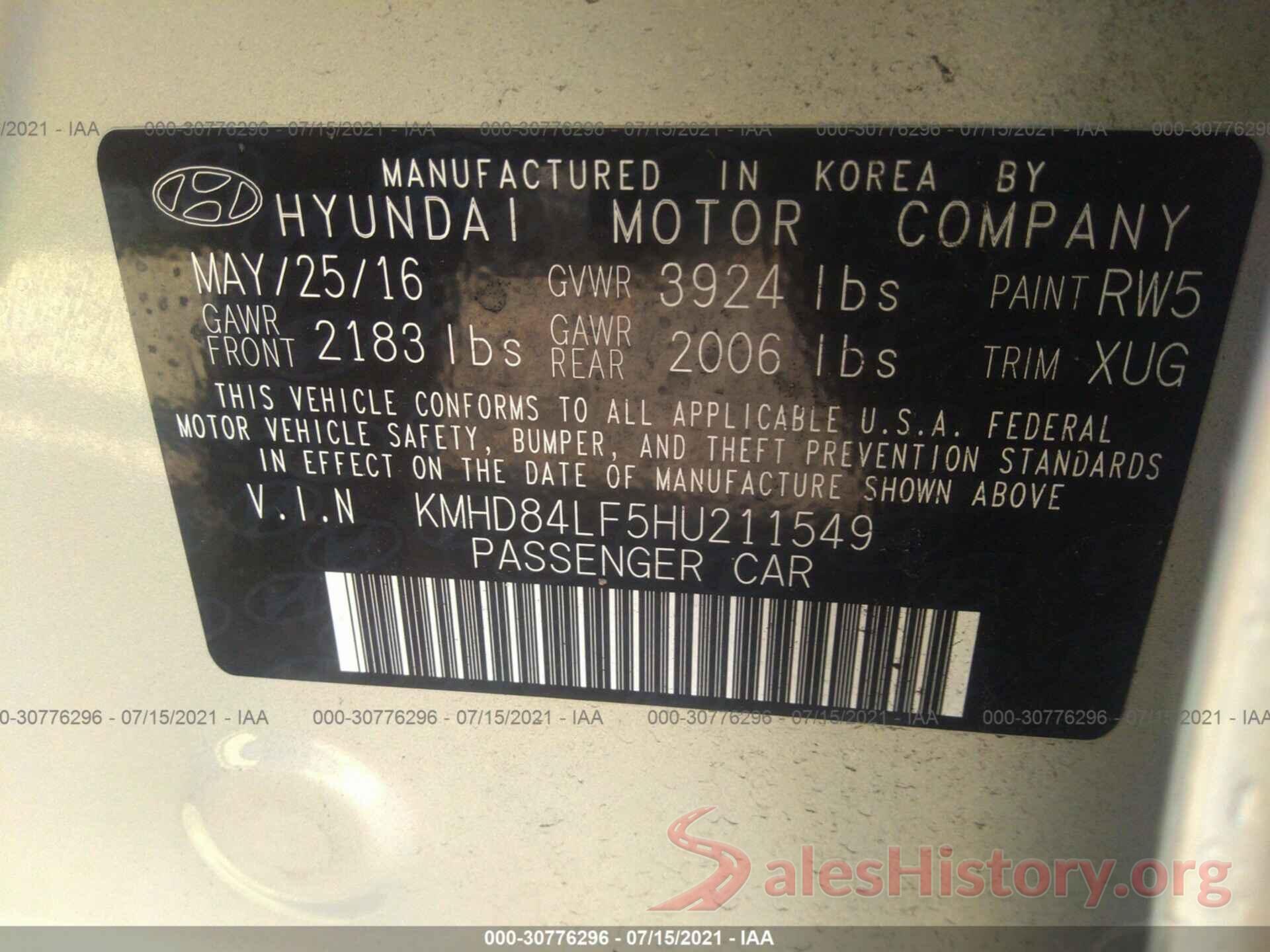 KMHD84LF5HU211549 2017 HYUNDAI ELANTRA