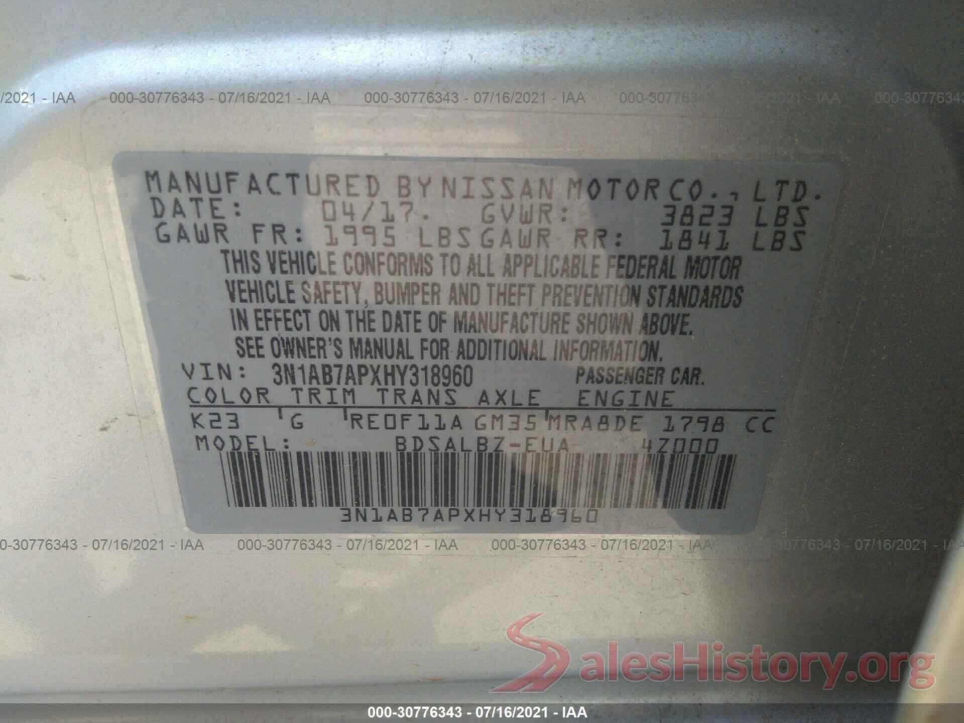 3N1AB7APXHY318960 2017 NISSAN SENTRA