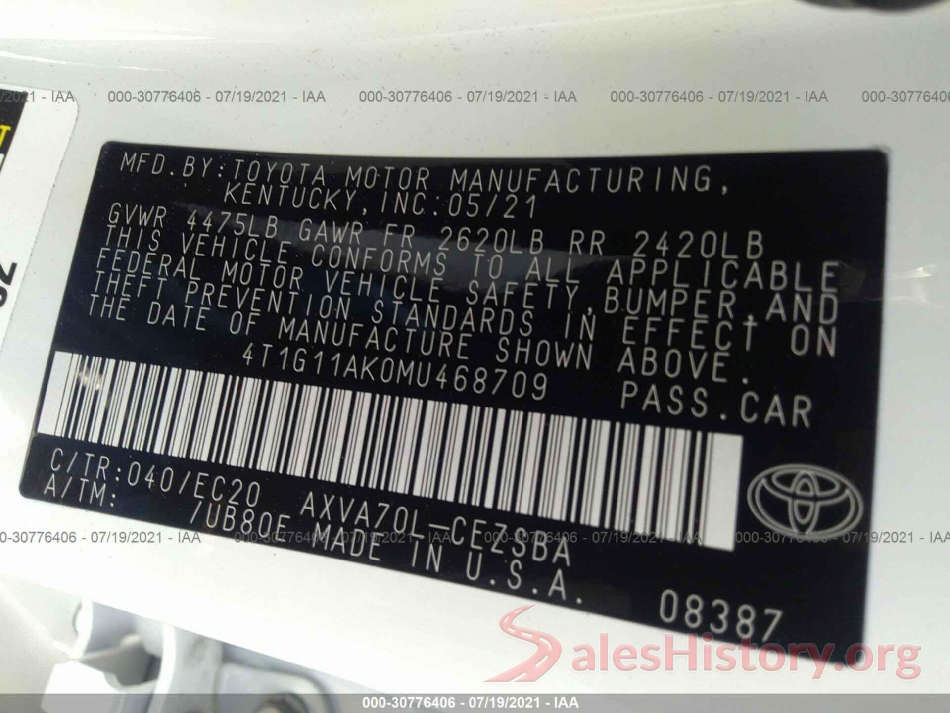 4T1G11AK0MU468709 2021 TOYOTA CAMRY