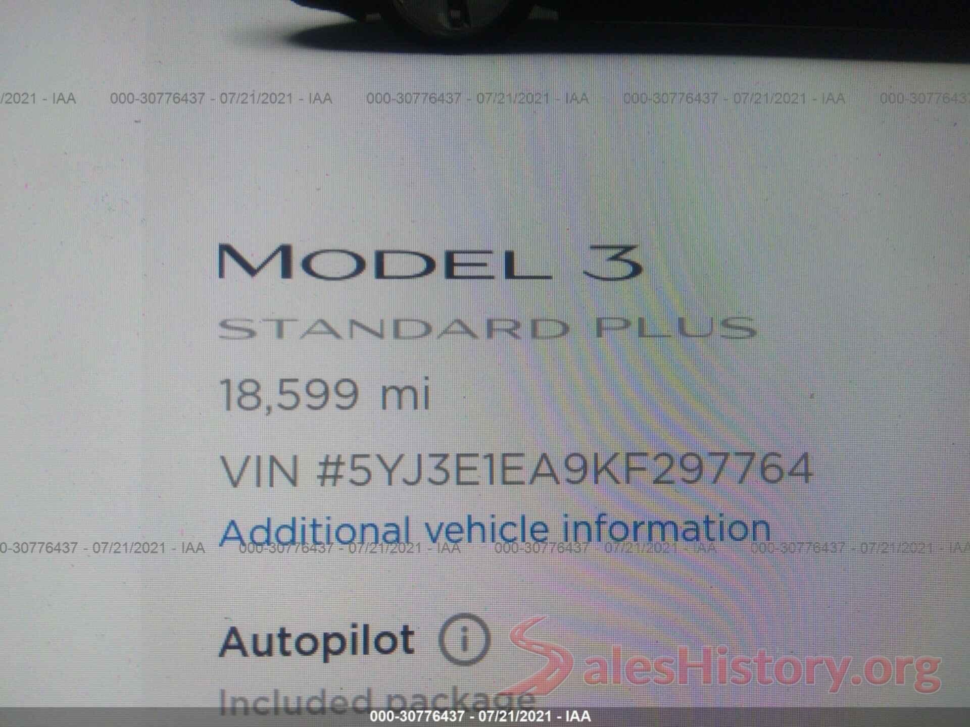 5YJ3E1EA9KF297764 2019 TESLA MODEL 3