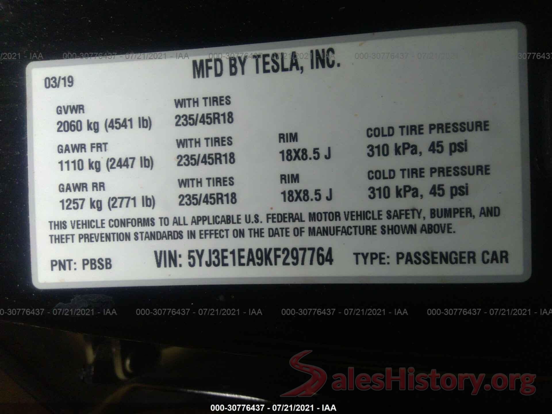 5YJ3E1EA9KF297764 2019 TESLA MODEL 3