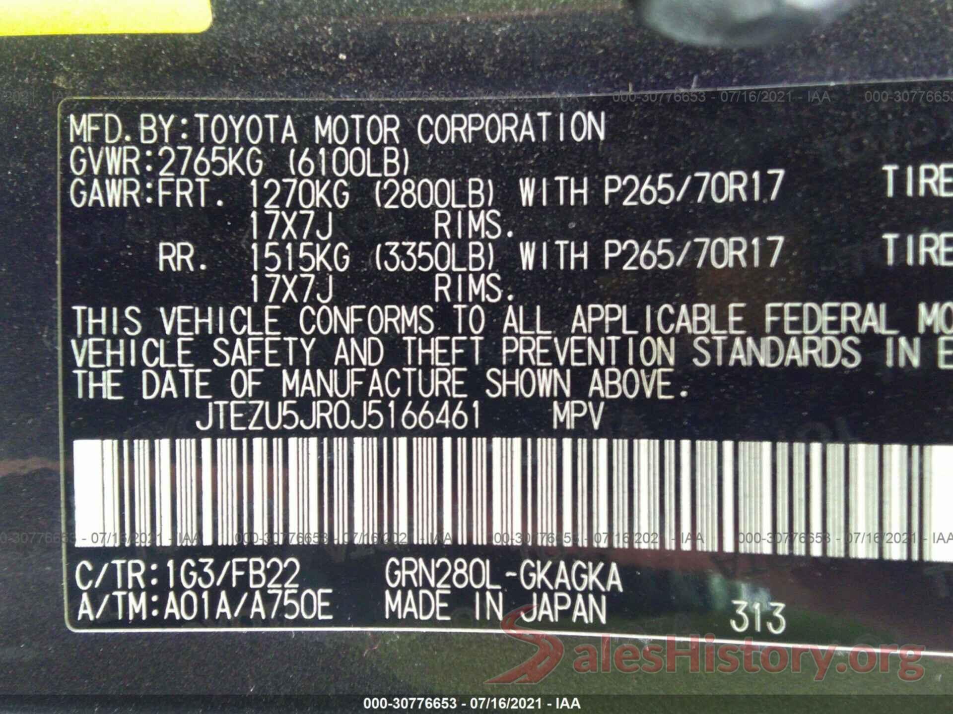 JTEZU5JR0J5166461 2018 TOYOTA 4RUNNER