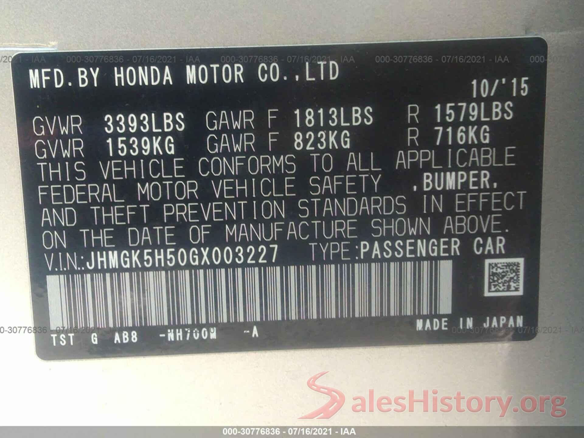 JHMGK5H50GX003227 2016 HONDA FIT