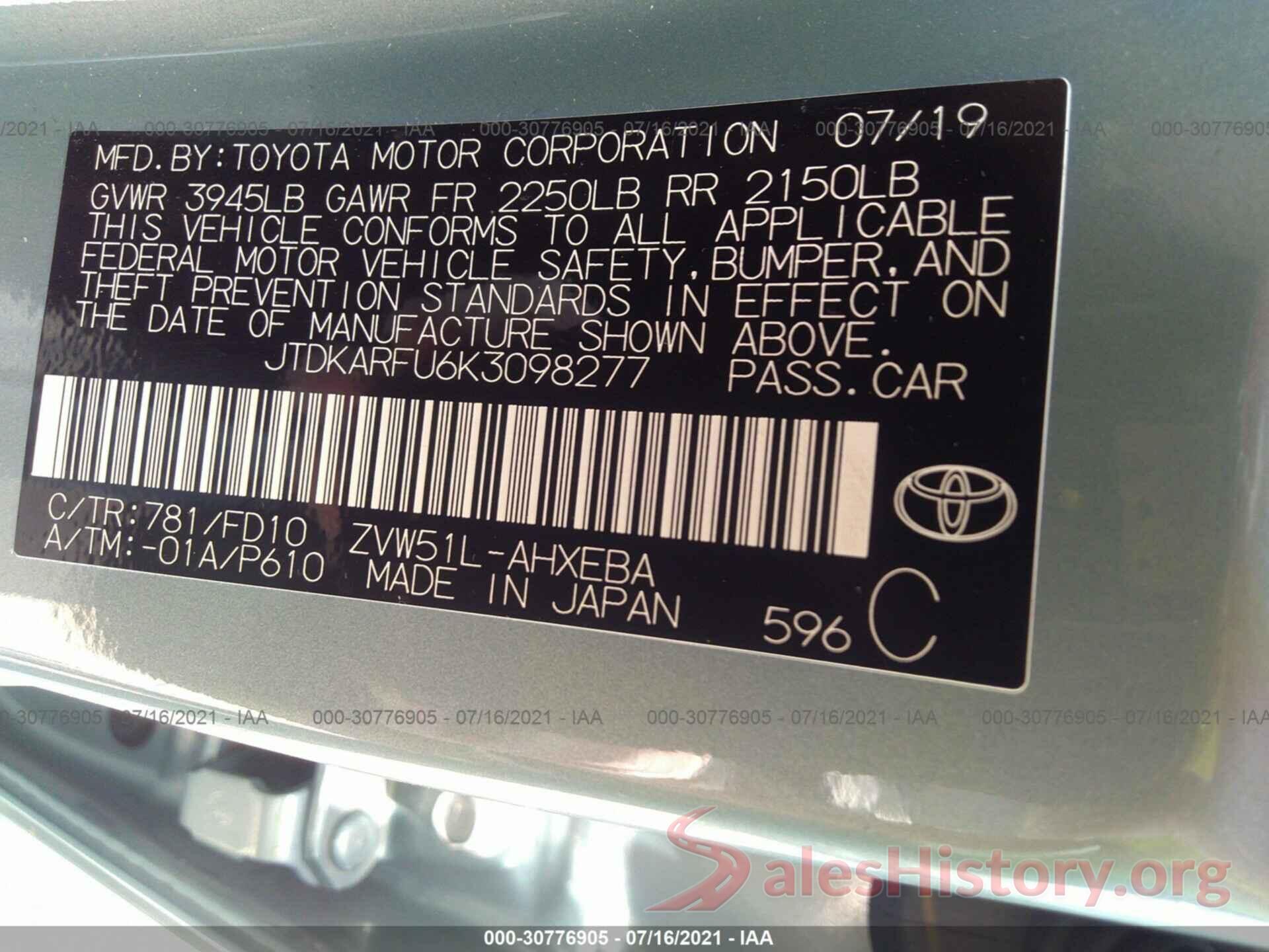 JTDKARFU6K3098277 2019 TOYOTA PRIUS