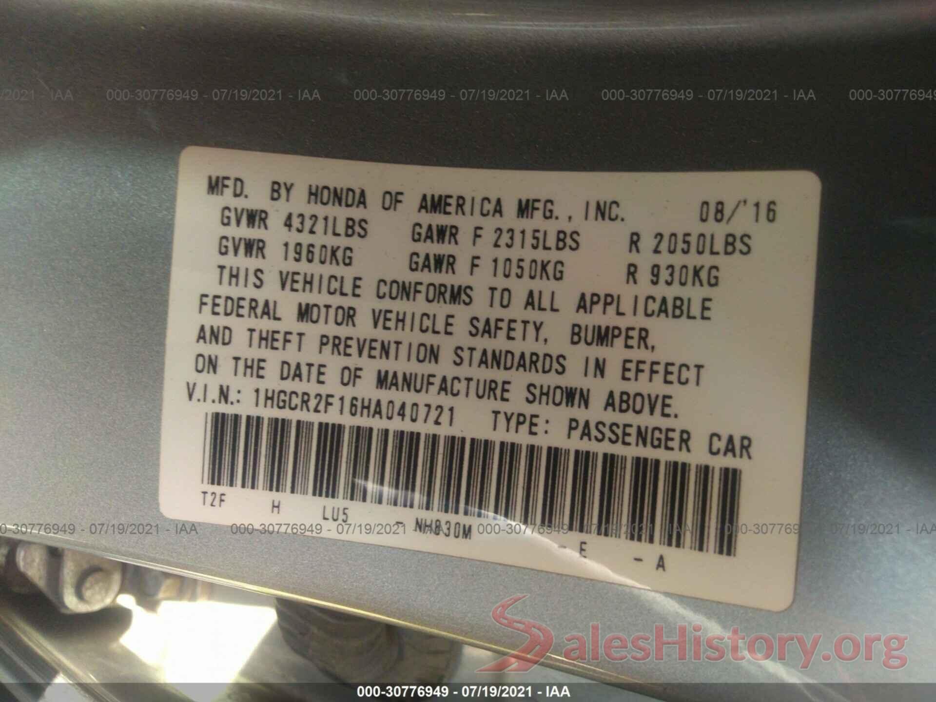 1HGCR2F16HA040721 2017 HONDA ACCORD SEDAN